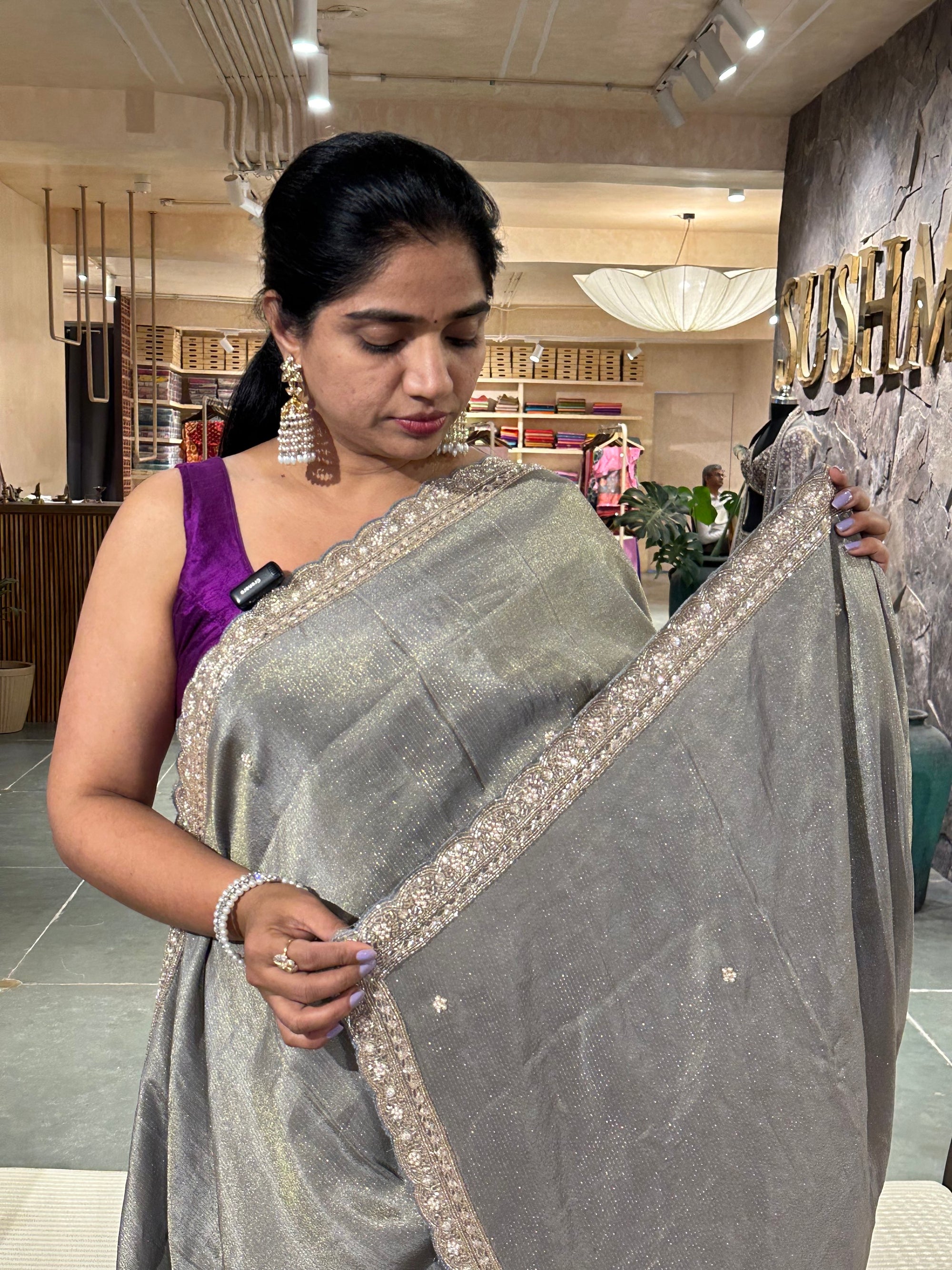 Tissue Gorgette Saree with scalloped handworked border and blouse