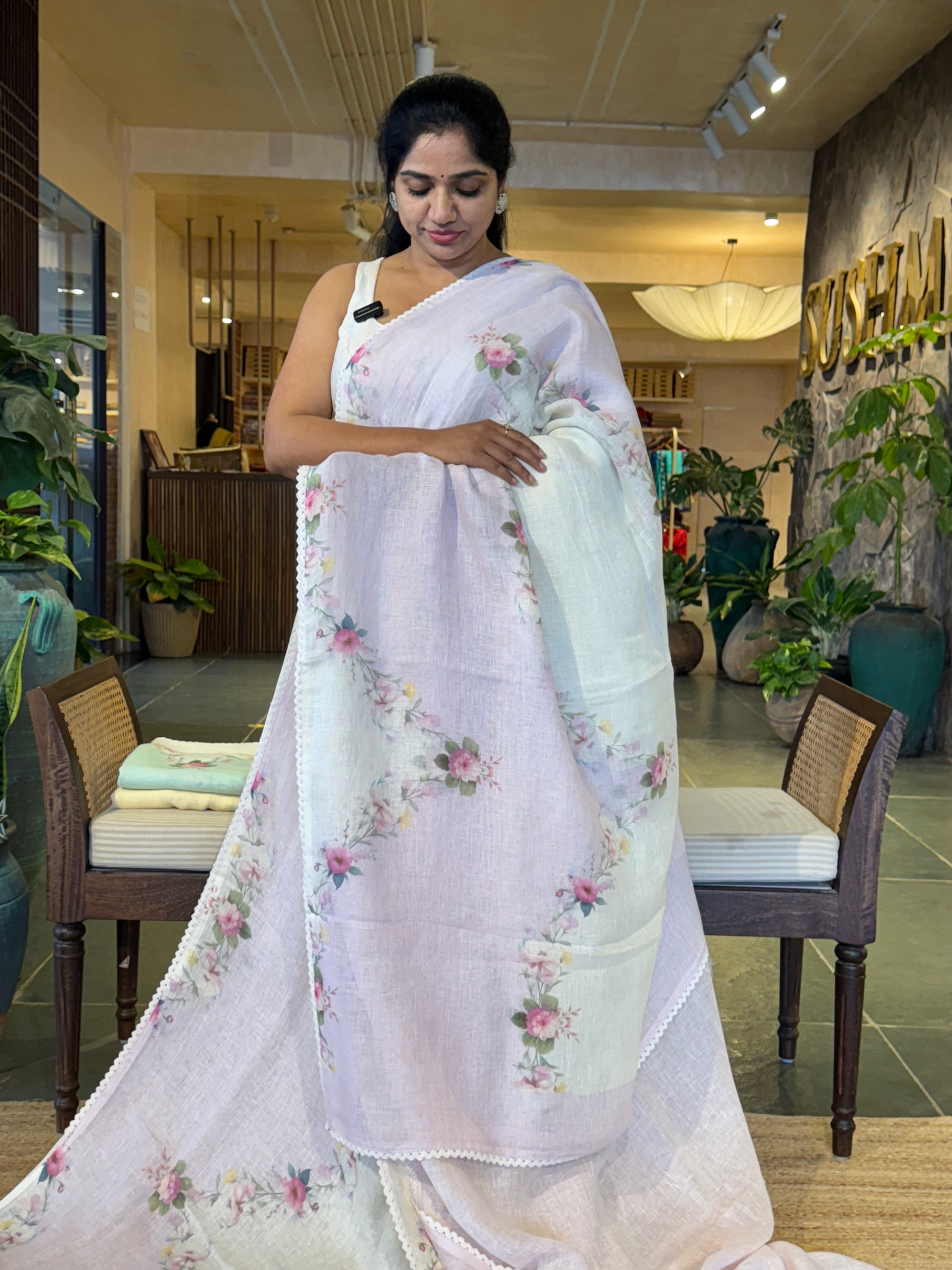 Lilac Pure Handloom Linen Printed Saree in Lehariya Style