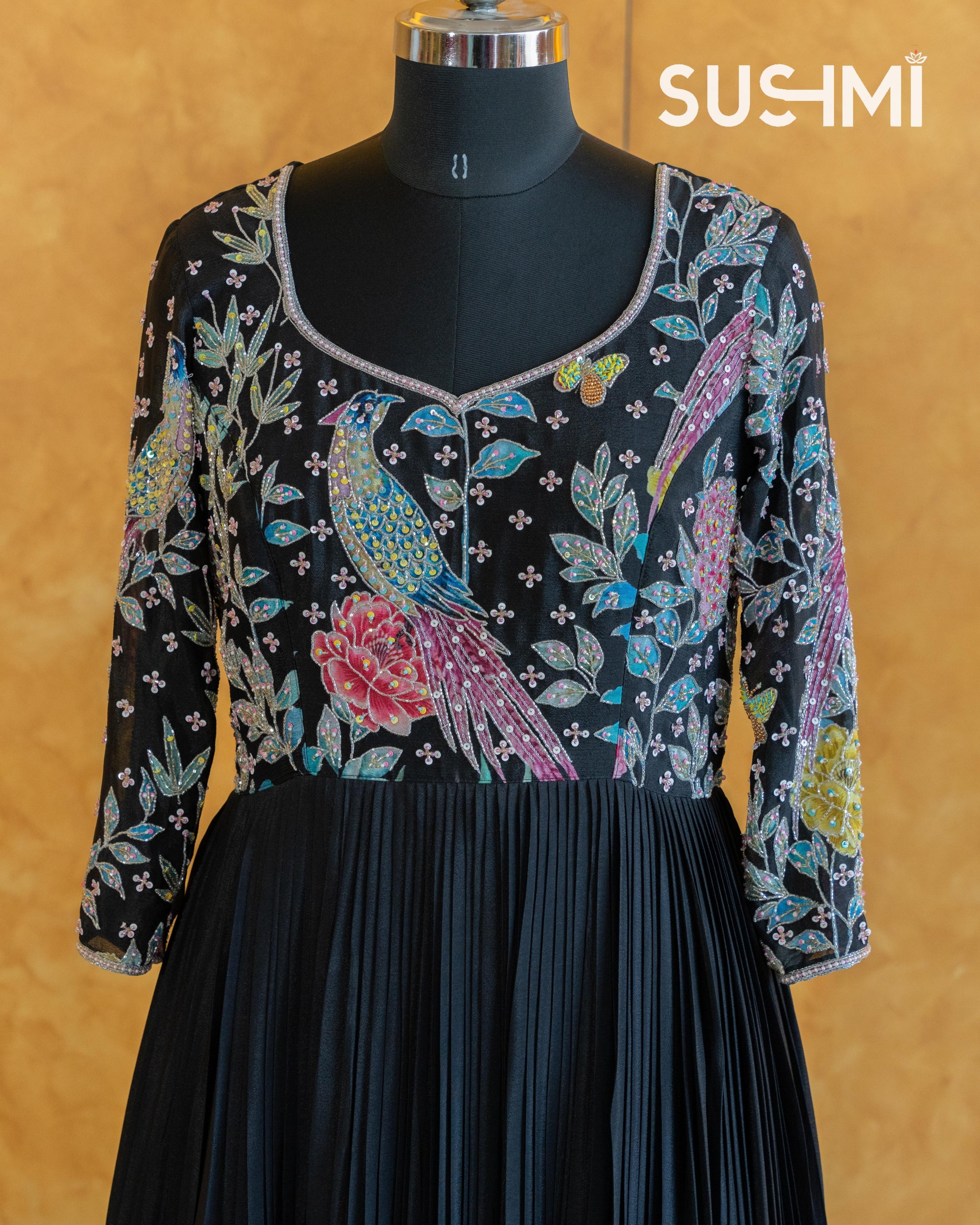 Pure Chinnon Printed Long Frock with handwork yoke