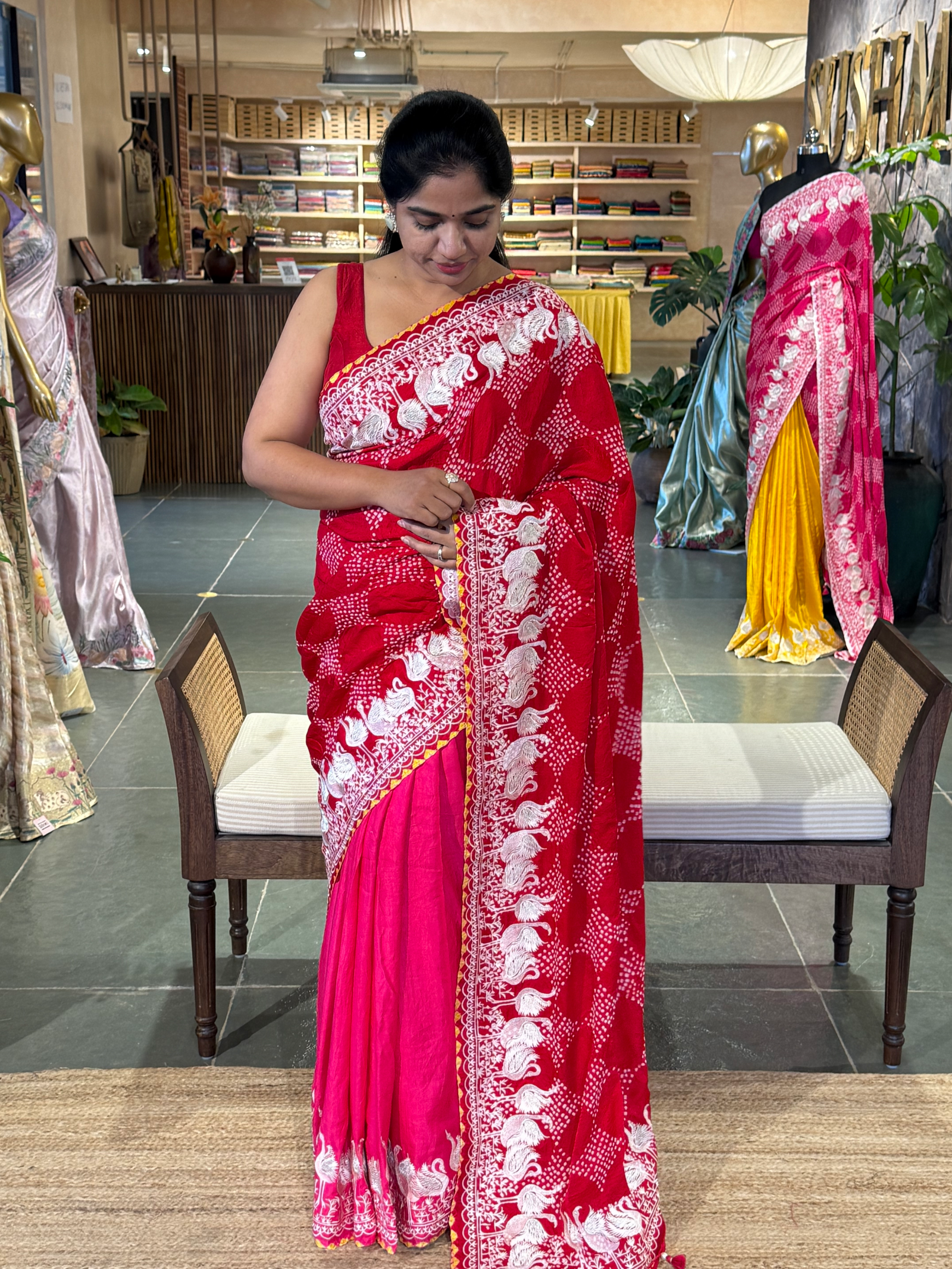 Pure Gajji Silk Rai Bandhej Saree in half and half style with Swan embroidery
