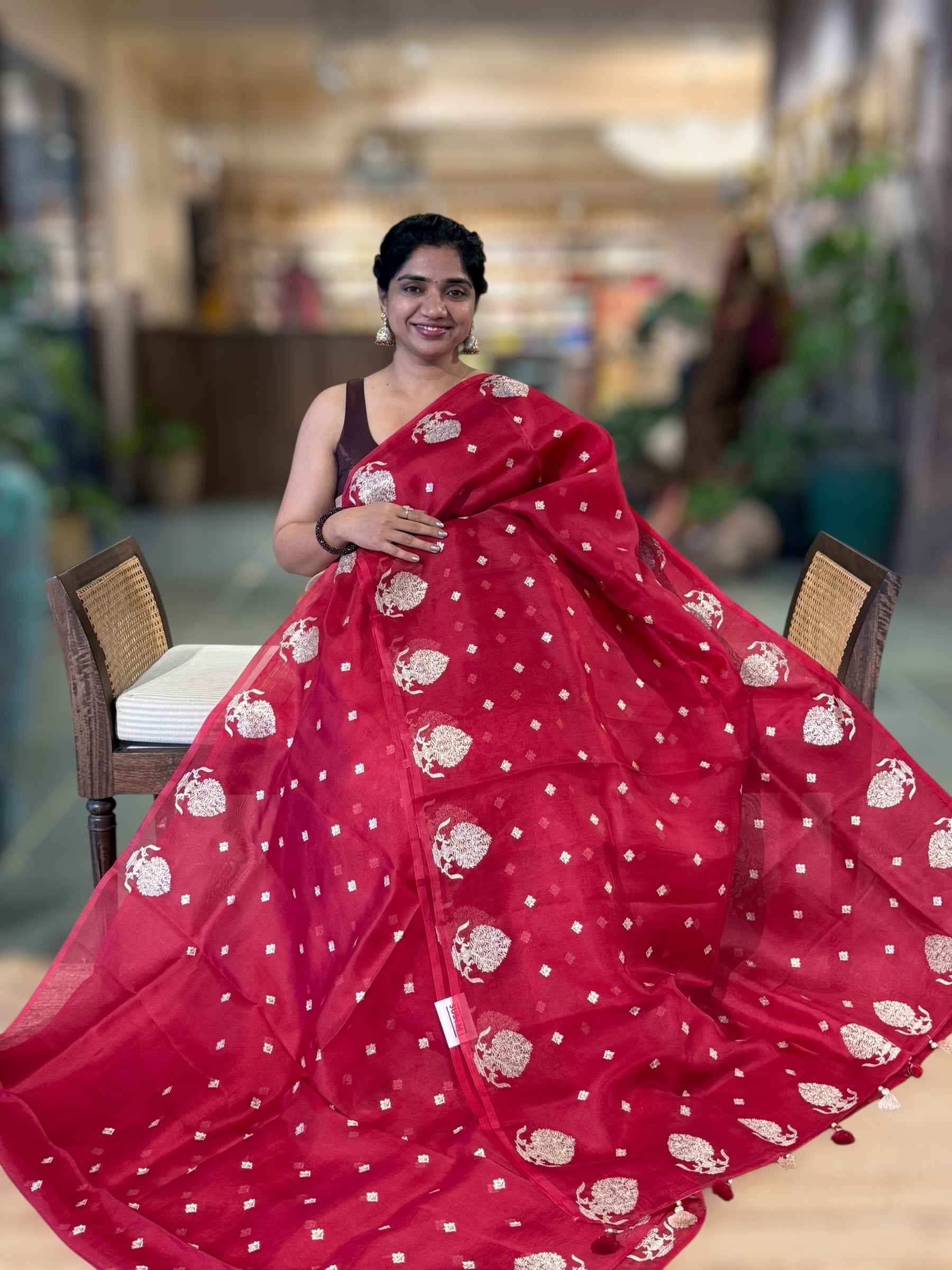 Red Organza Saree With Embroidered Motifs & Tussar Printed Blouse