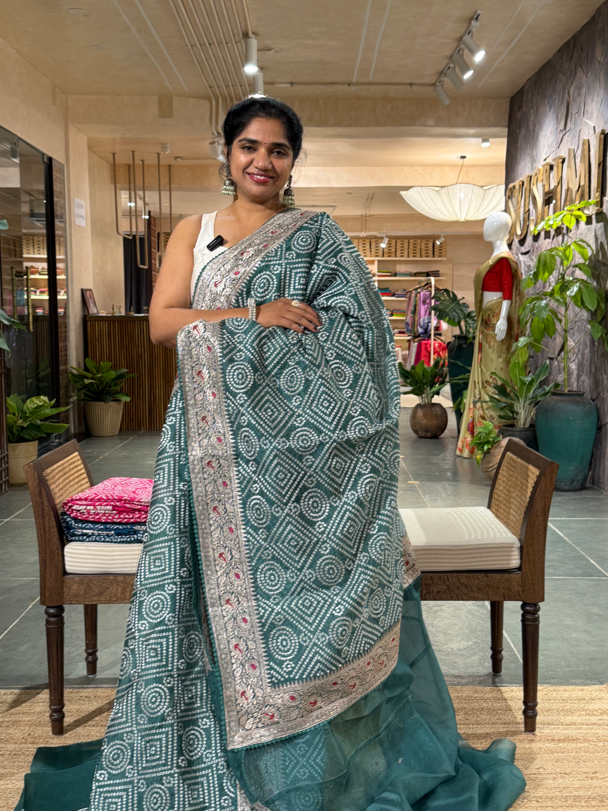 OSOBBM178: Sage Green Organza Banarasi with Bandhini Look Allover Embroidery