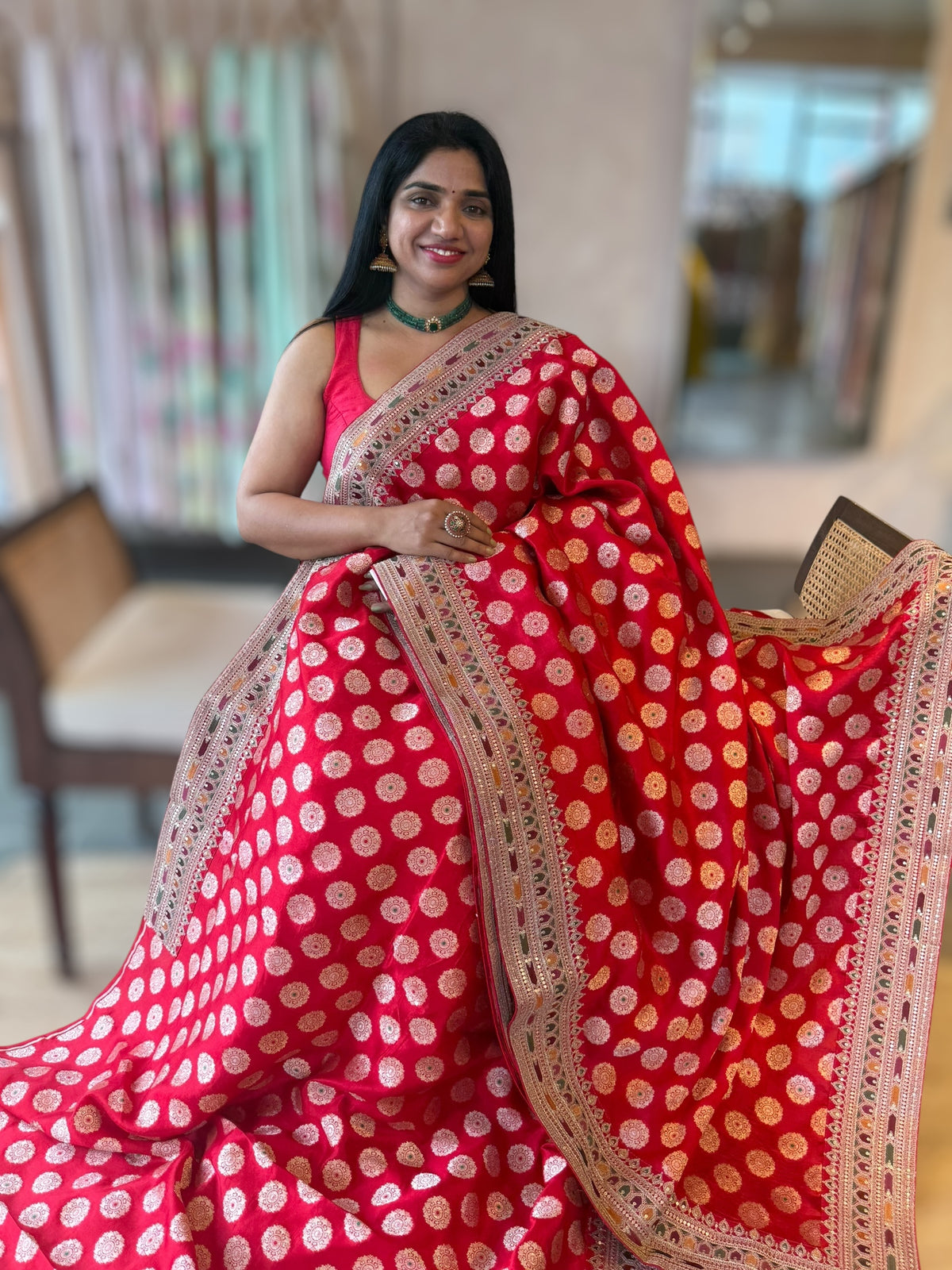 Chilli Red Banarasi Silk Saree Wth Chakra Meenakari Motifs &amp; Sabhyasachi Borders
