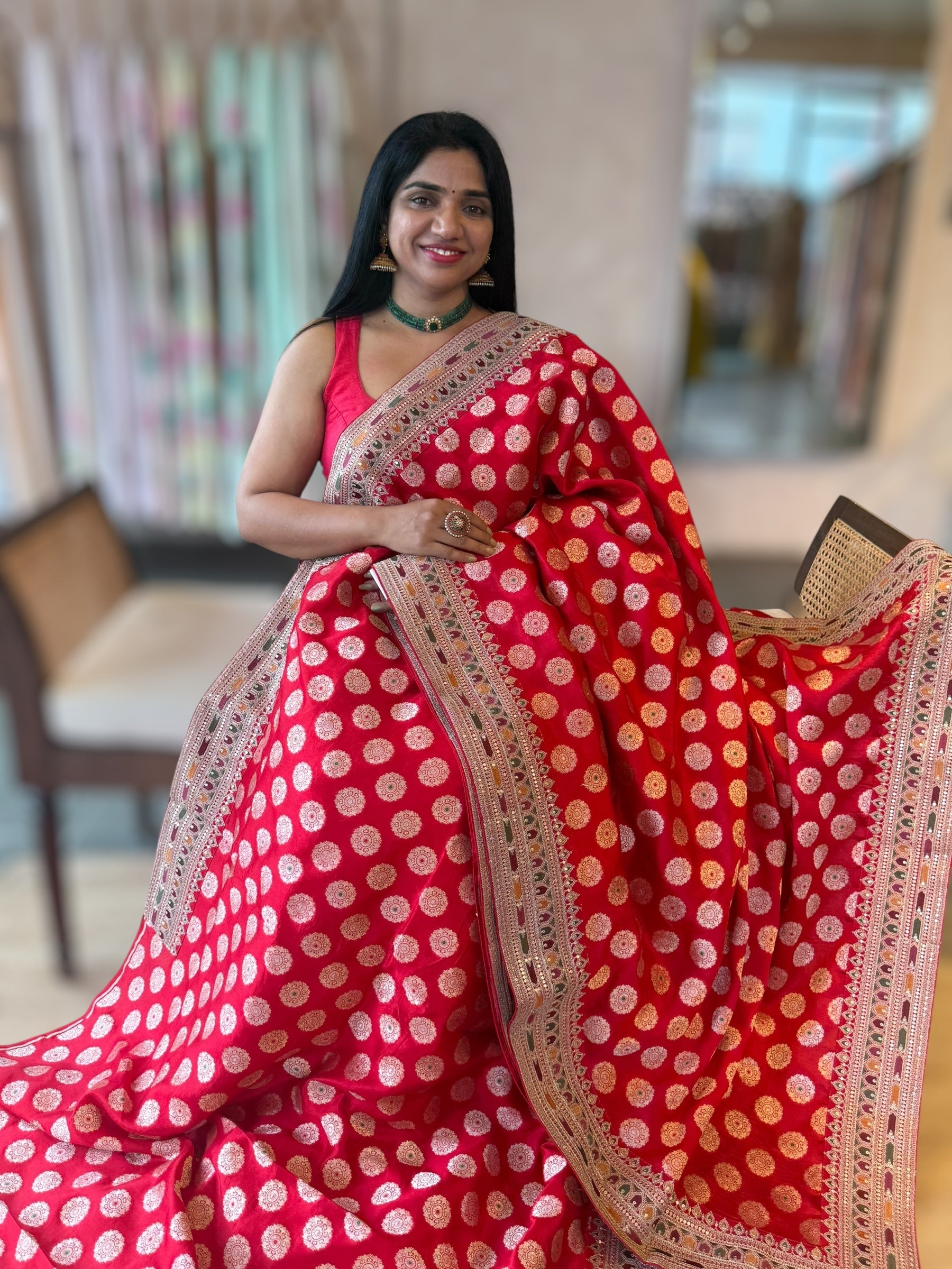 Chilli Red Banarasi Silk Saree Wth Chakra Meenakari Motifs & Sabhyasachi Borders