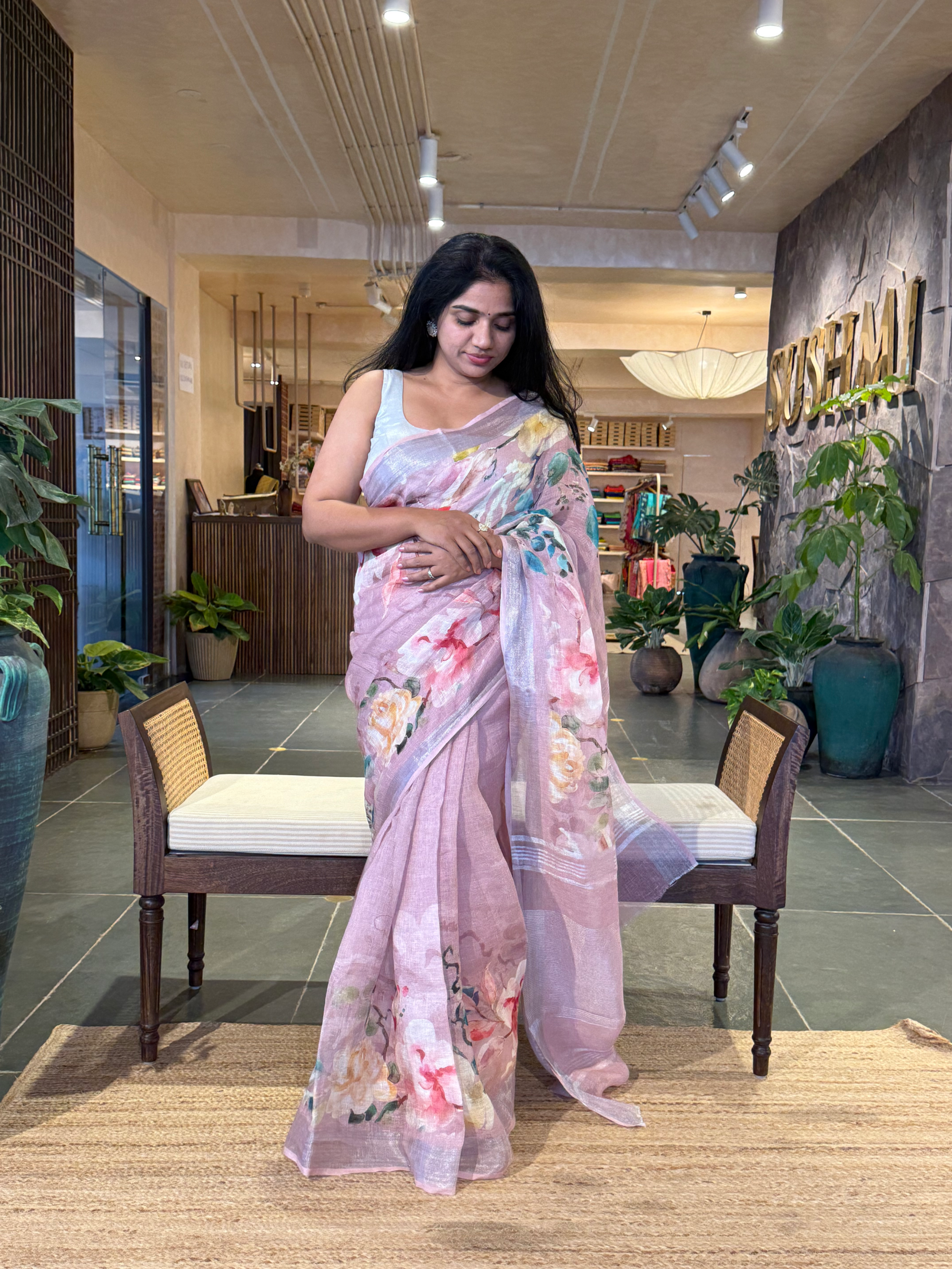 Dusty Pink Pure Handloom Lenin Printed Sarees With Silver Zari Border