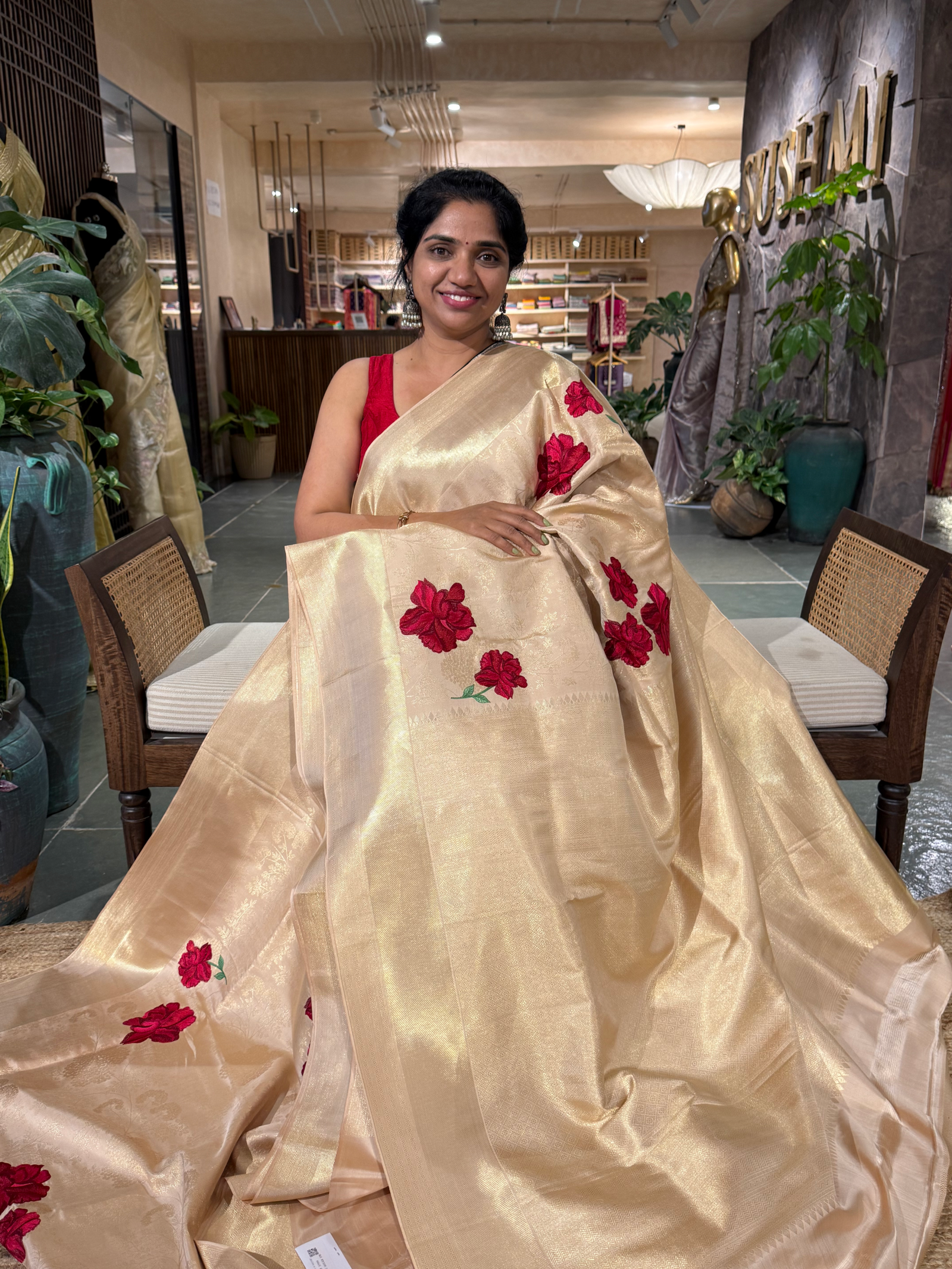 Beige Kanjeevaram Brocade Silk Saree With Floral Embroidery