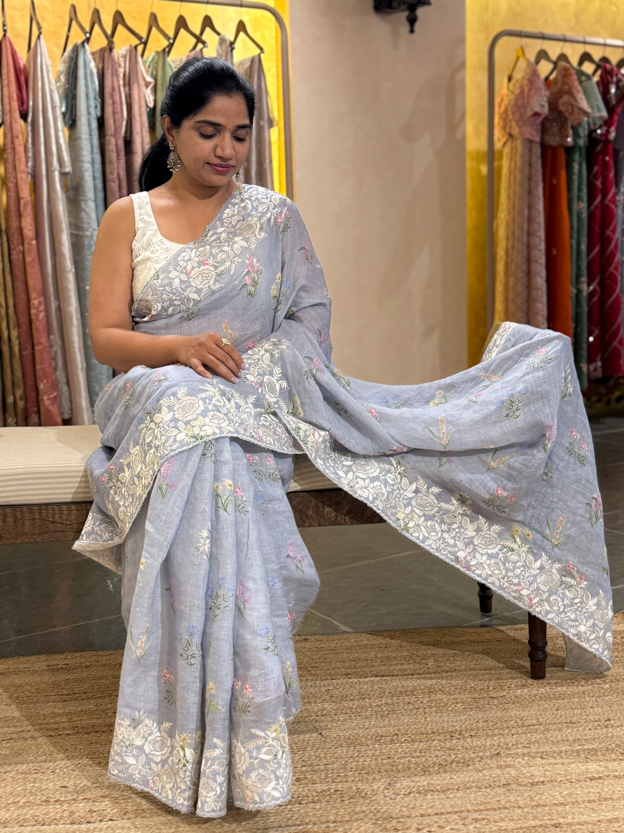 Pure Handloom Lenin Print Saree With  Parsi Gara Style Embroidery