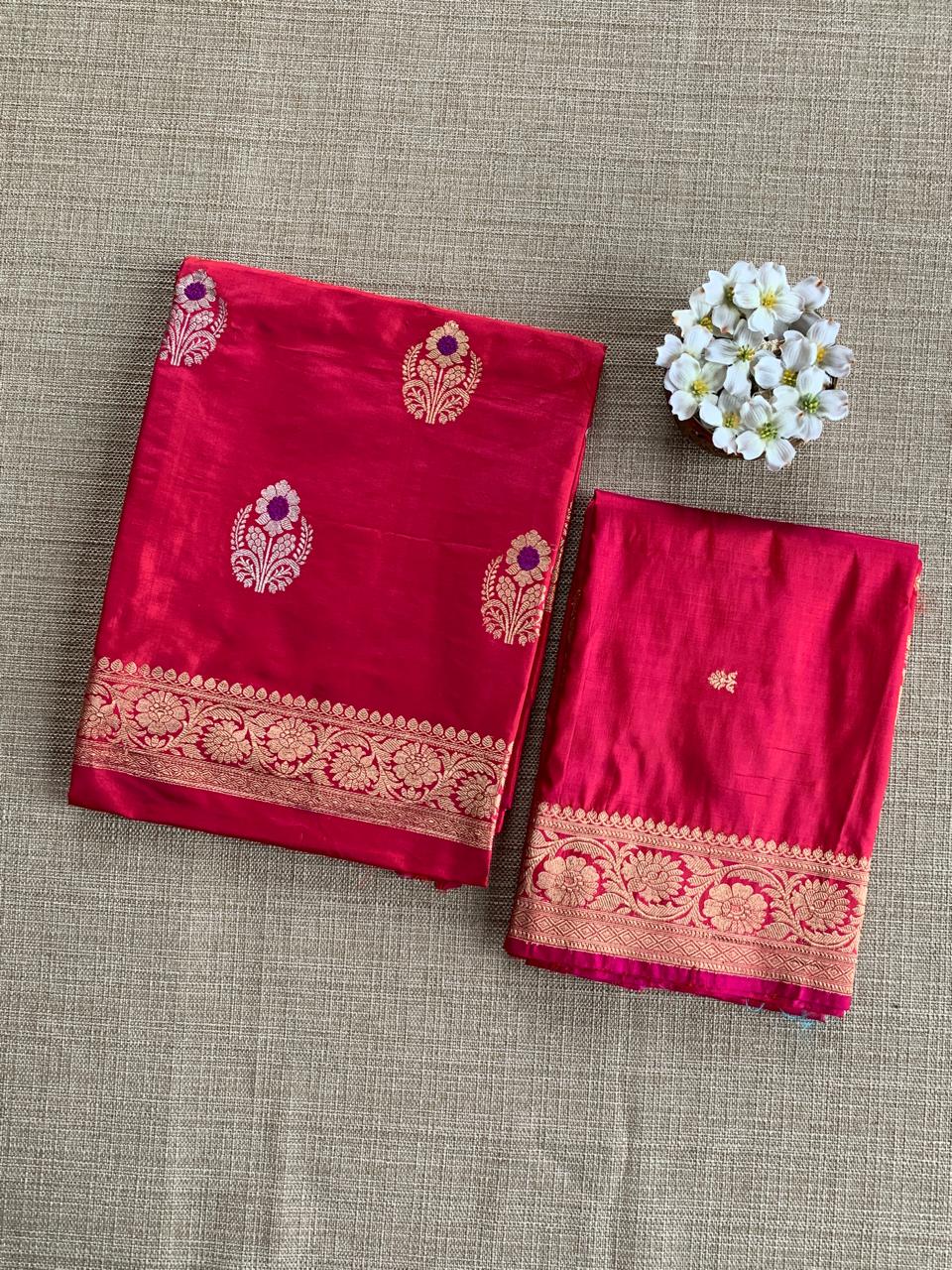 Reddish Pink Katan Silk  3 pc Suit Set with meenakari kaduwa weaving