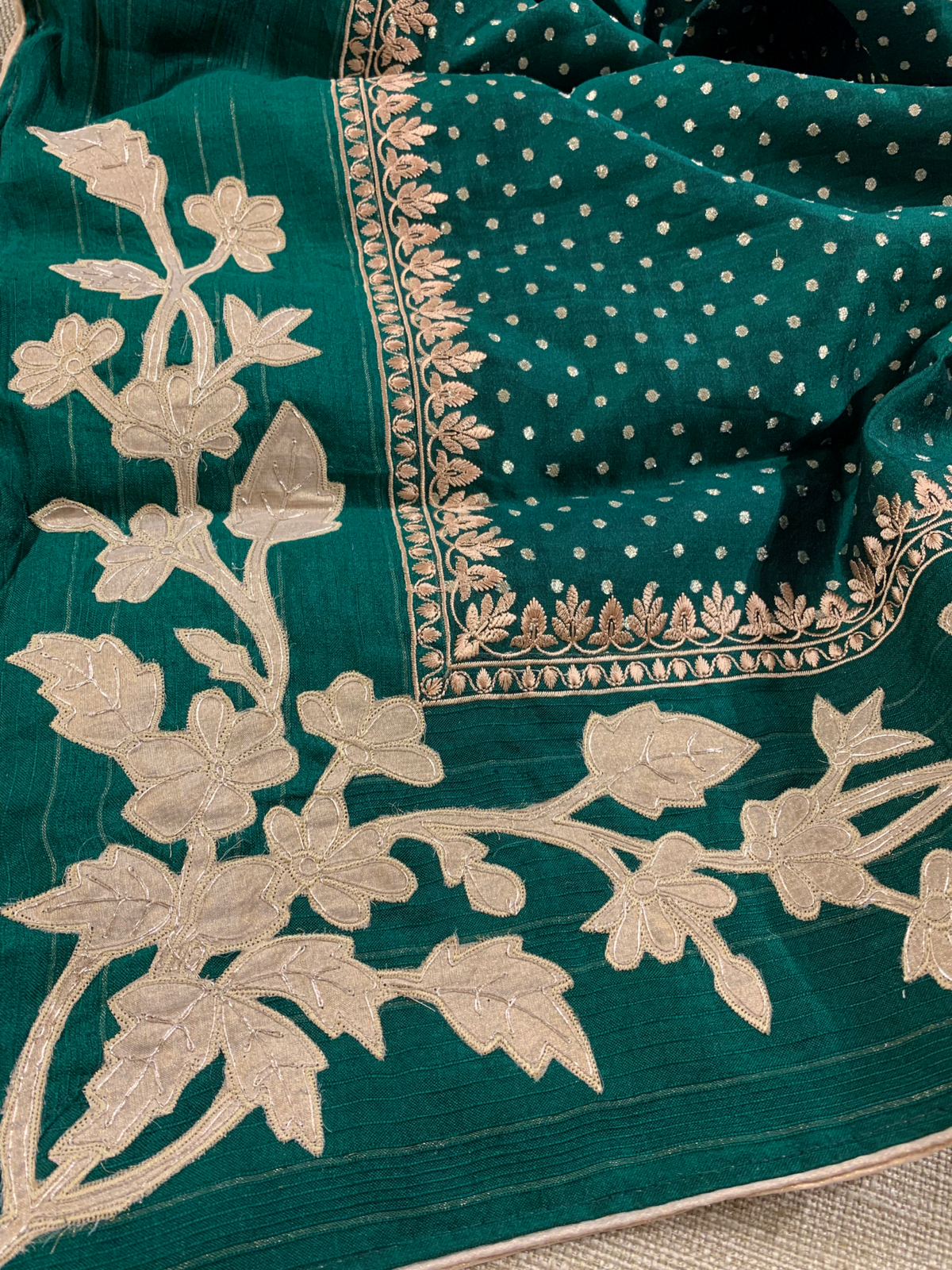 Bottle Green Chiniya Silk Saree with Embroidery Border & Applique Creeper Pallu