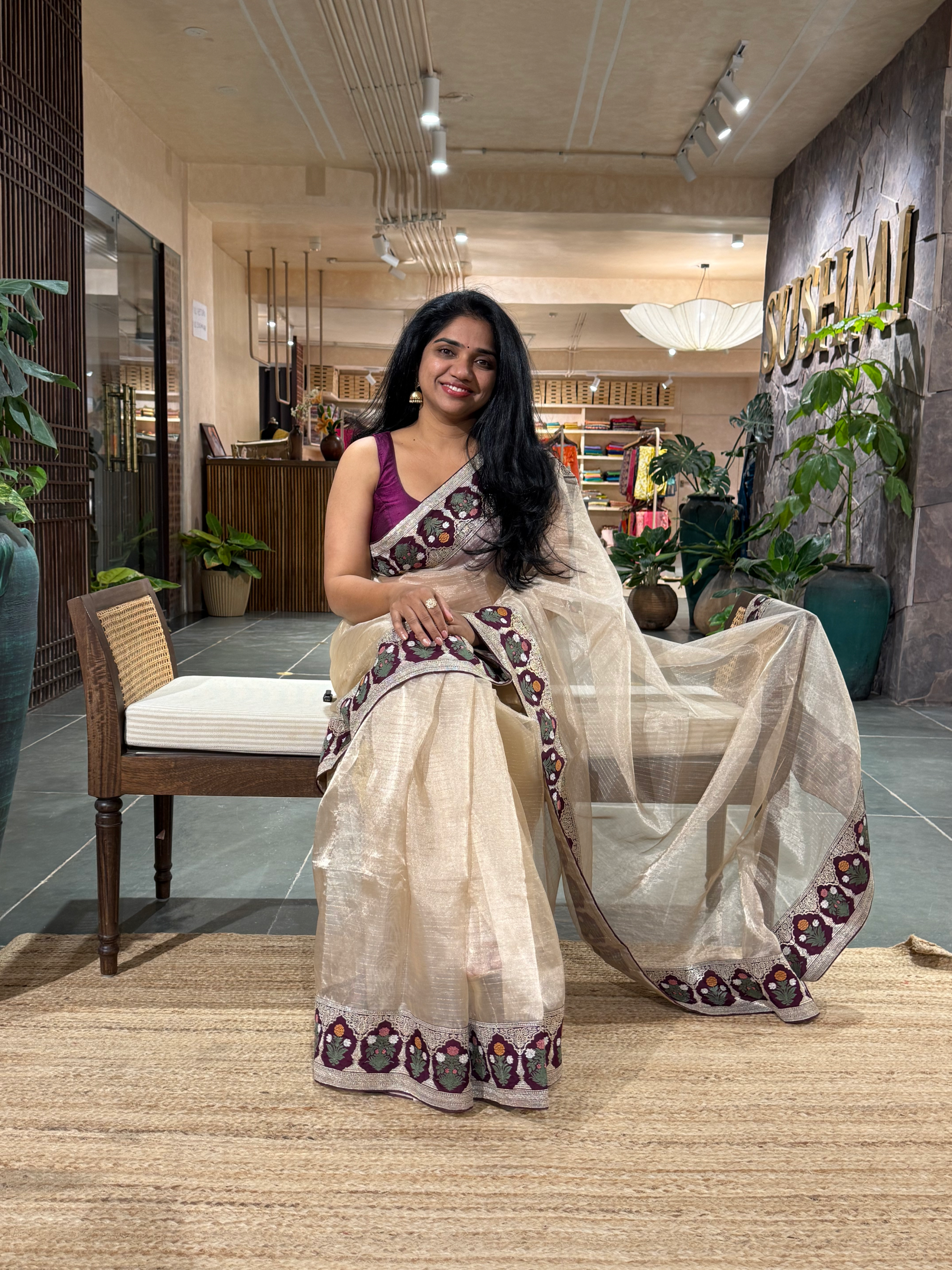 Beige Kora Tissue Stripes Saree With Wine  Sabyasachi Borders & Blouse