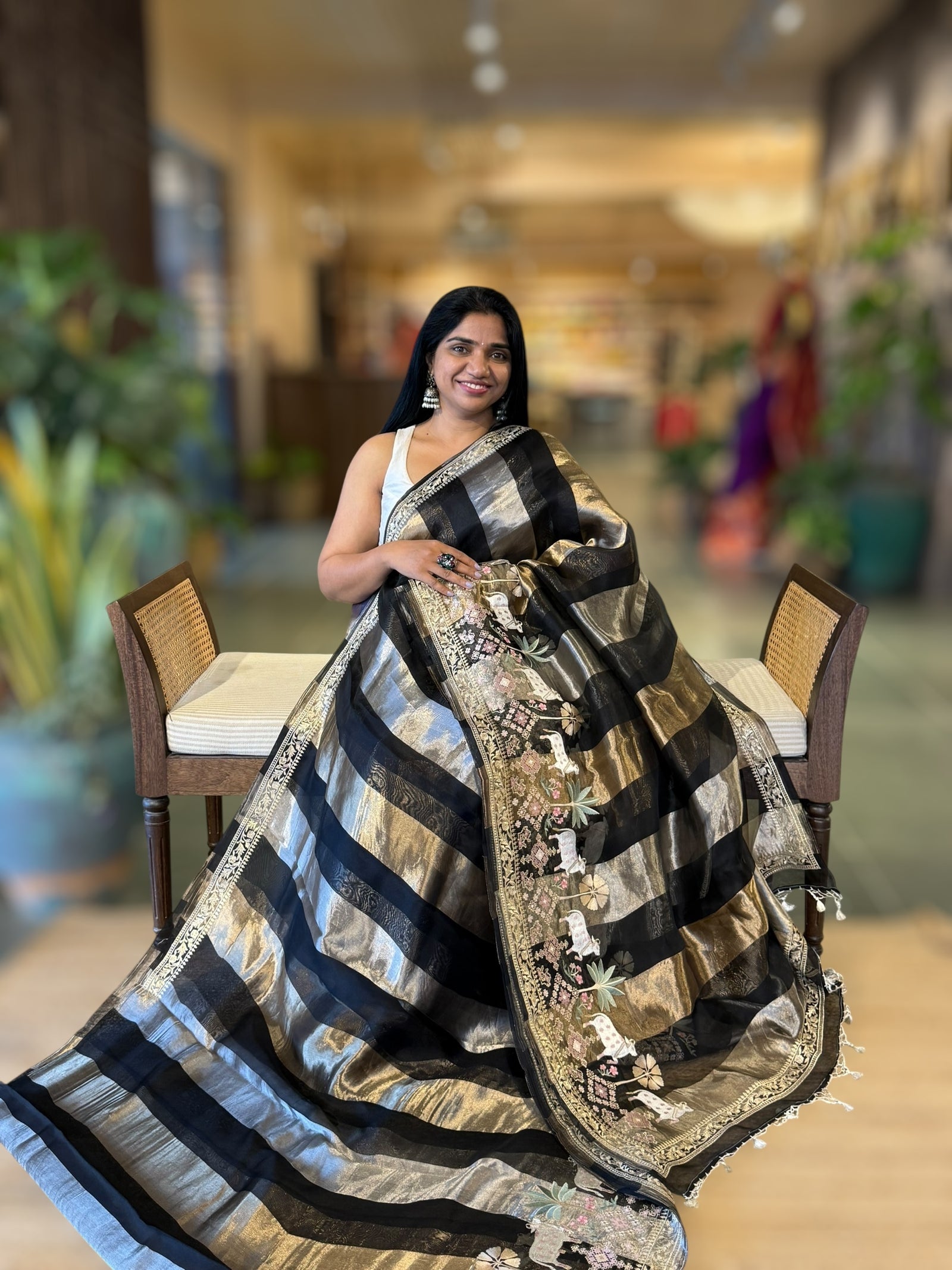 Black Kora Tissue Stripes Saree With Jamdani  & Pichwai embroidered Border