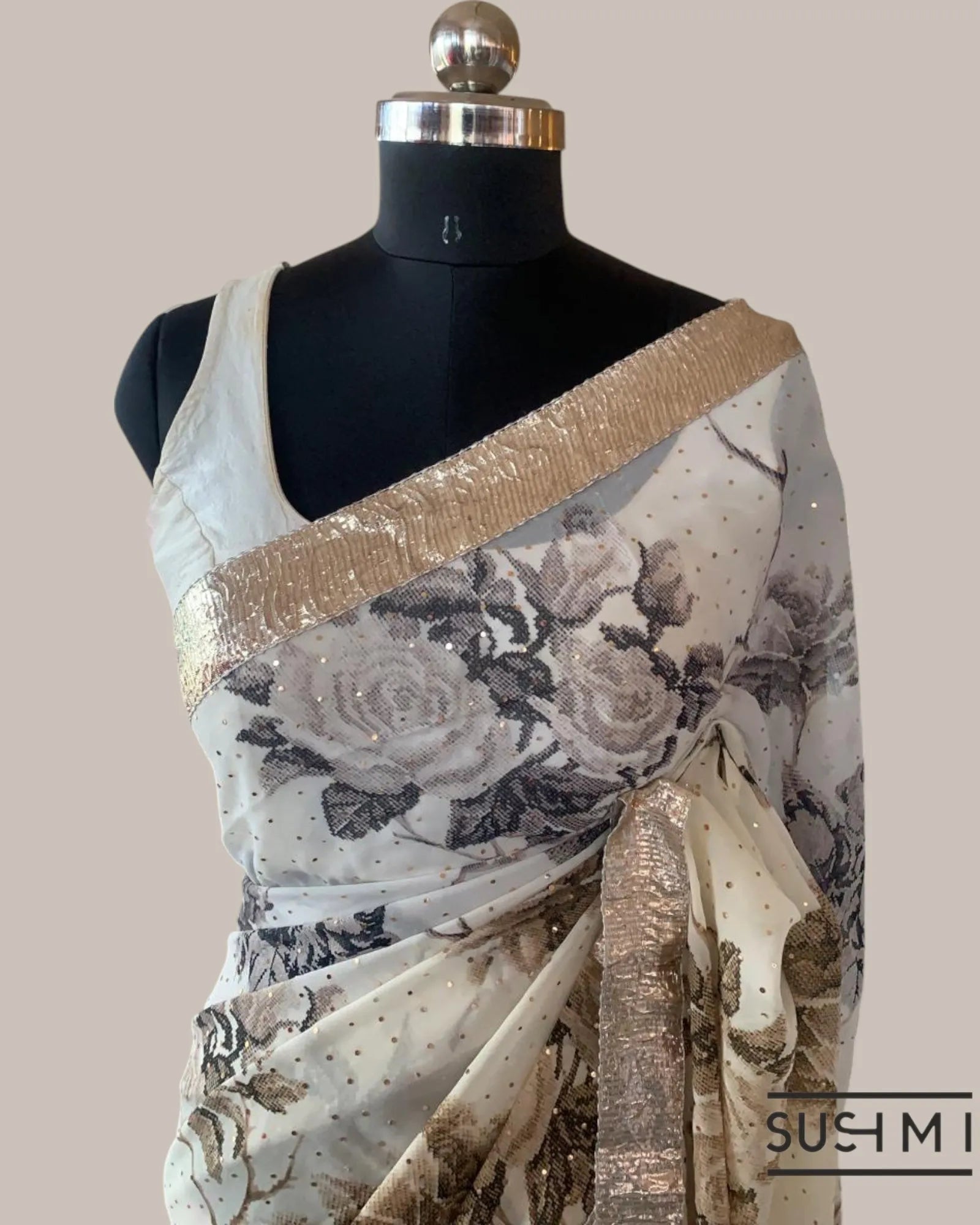 Shaded Gorgette Floral Printed Saree with allover sequence & hemlined gota lace