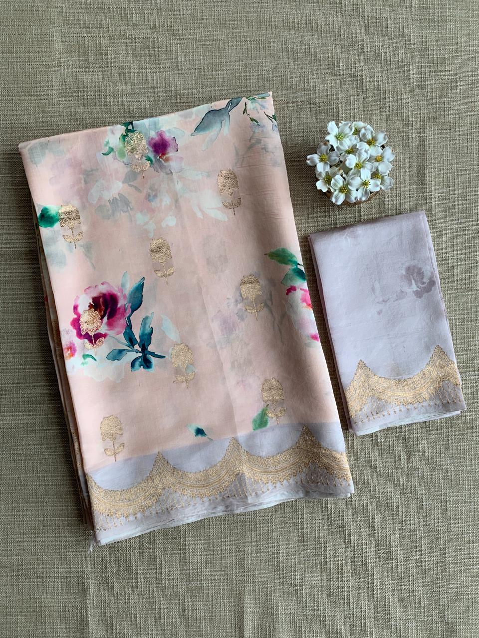 Banarasi Soft Silk Printed Saree With Scalloped Woven Zari Border