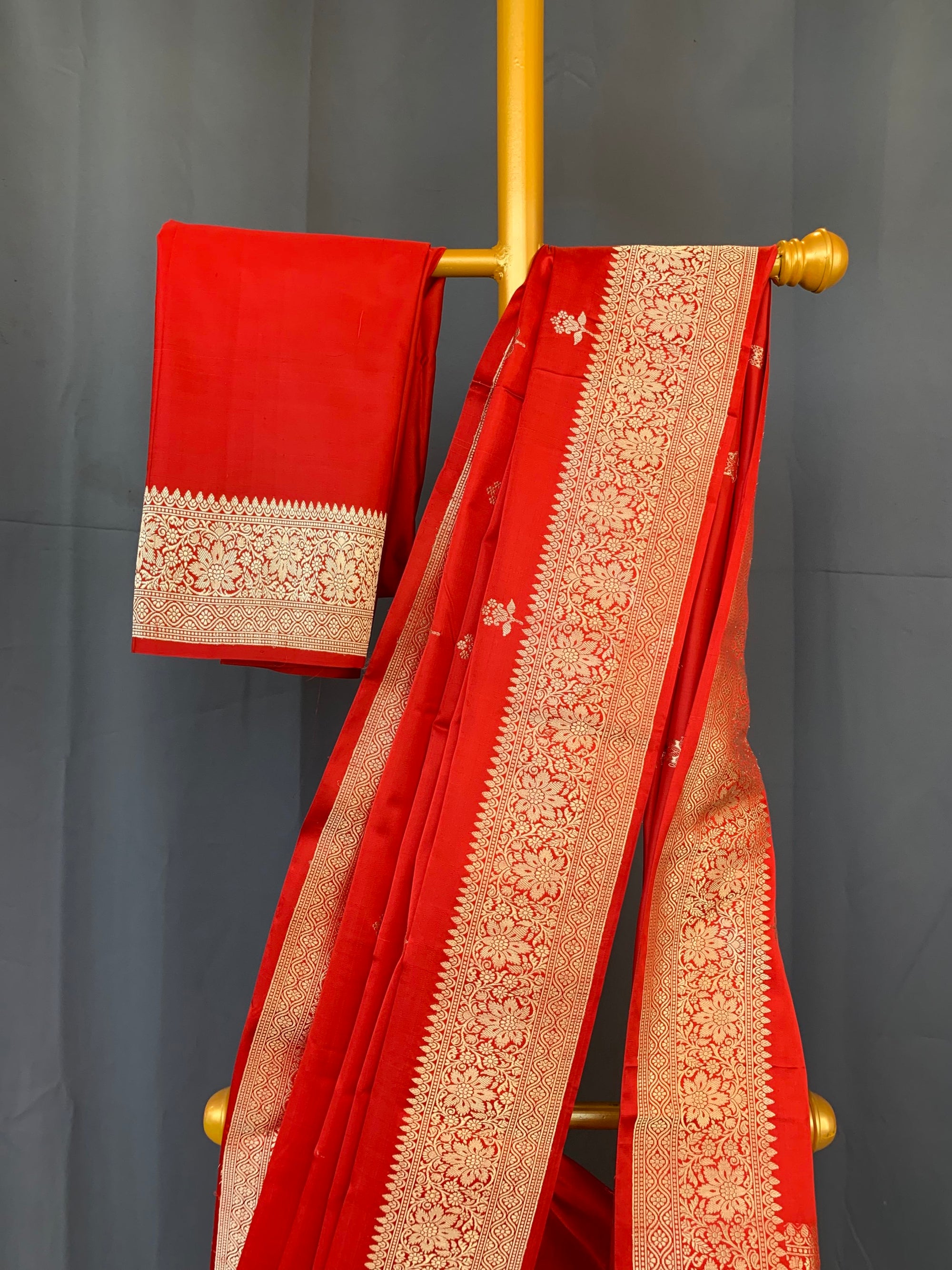 Orangish Red Pure Banarasi Handloom Mashru Silk Saree