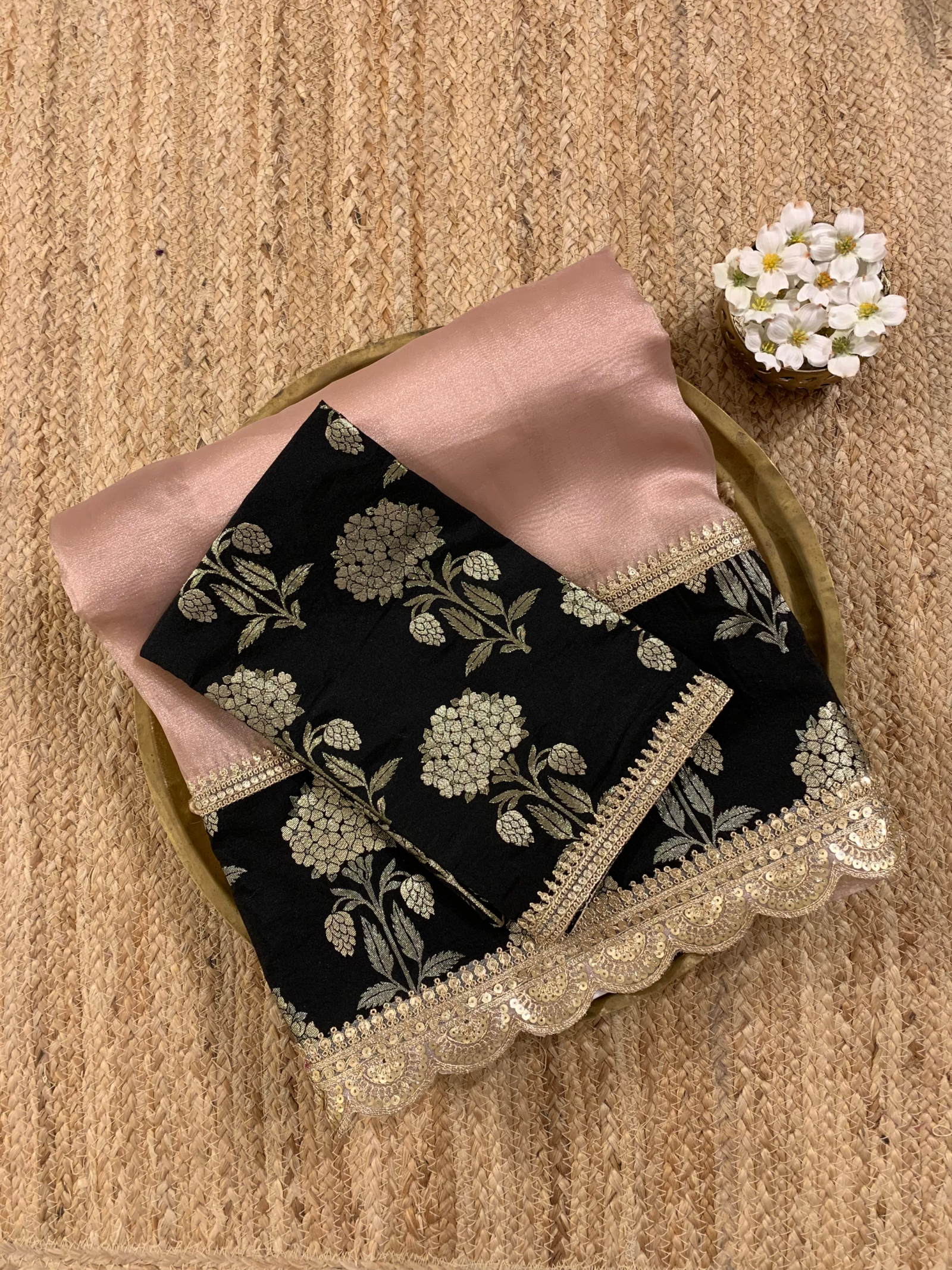Dusty Pink Organza Tissue Saree with Black Banarasi brocade borders STISHBM14