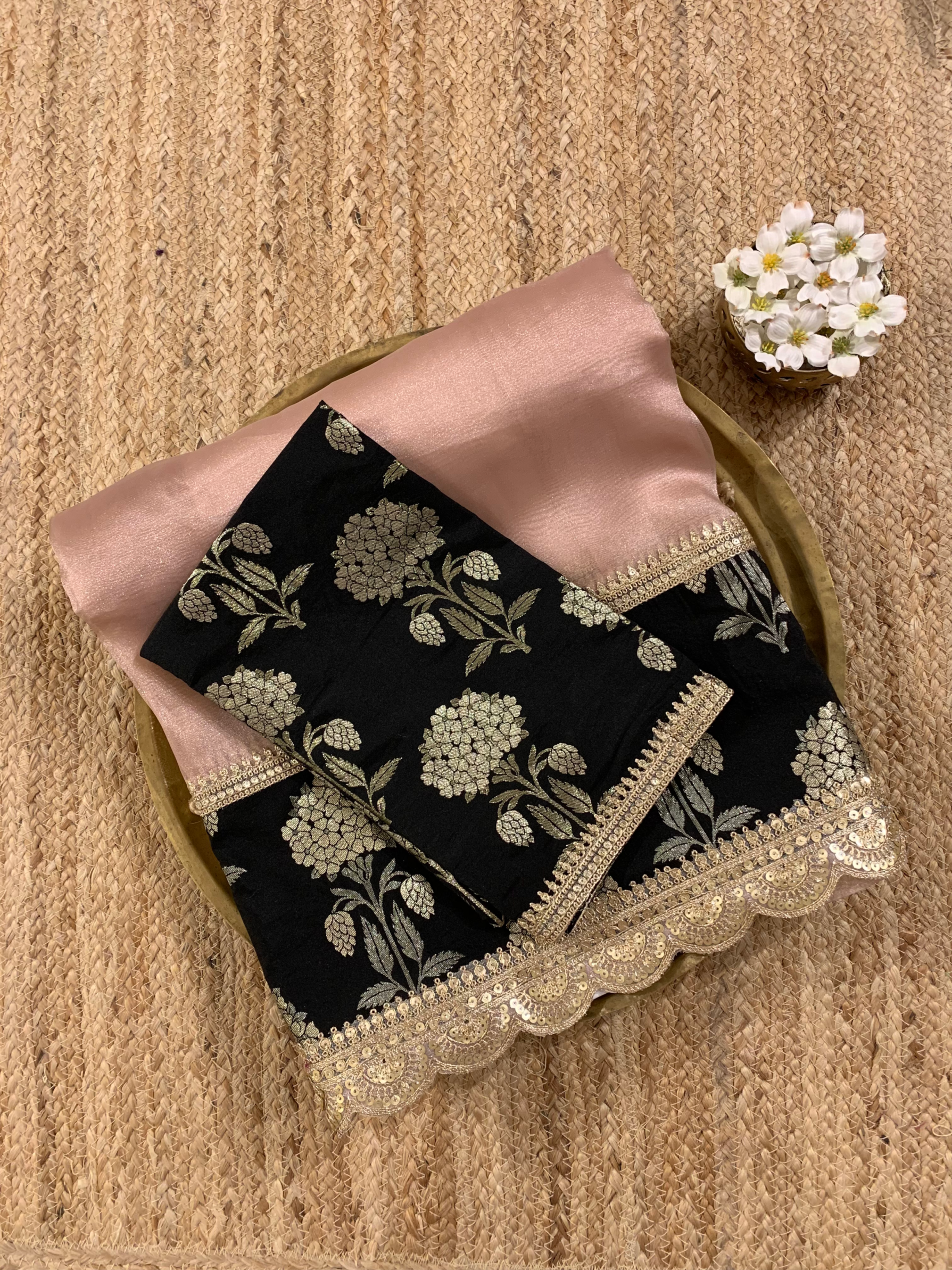 Dusty Pink Organza Tissue Saree with Black Banarasi brocade borders STISHBM14