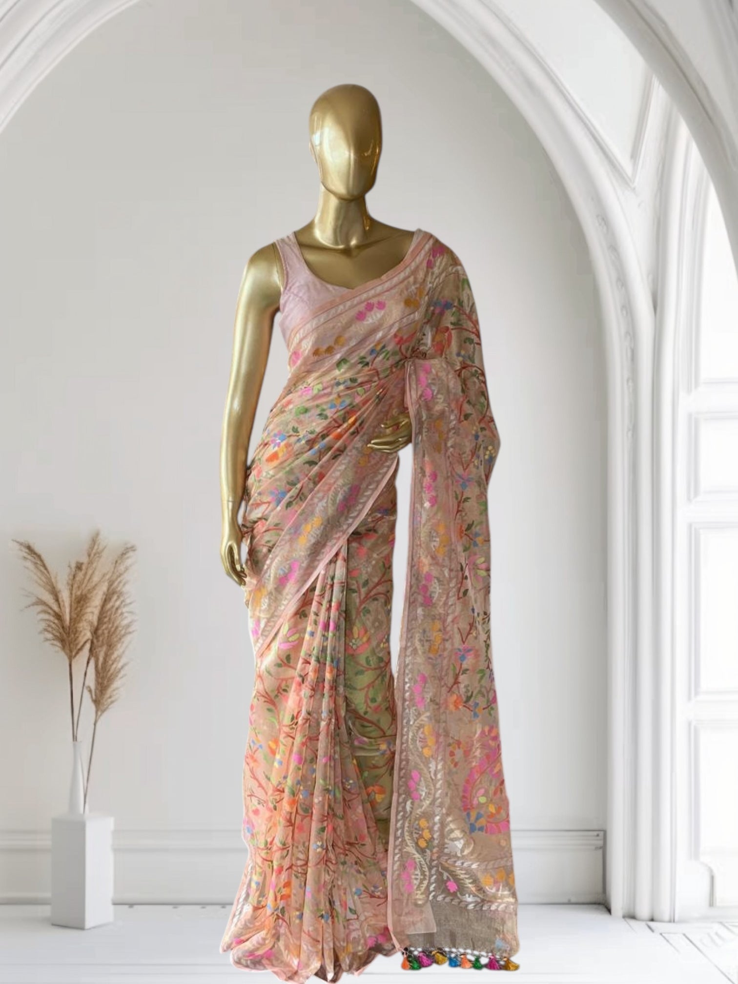 Peach Real Zari  Banarasi Tissue Jamdani Saree