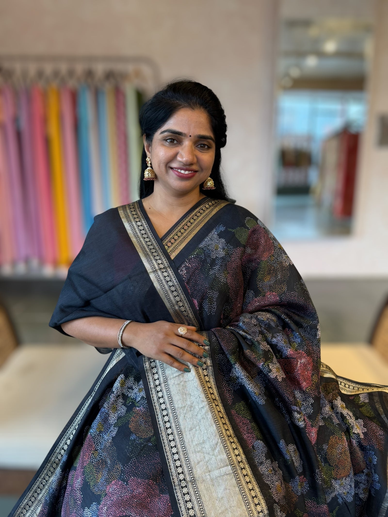 Black Pista Chiniya Silk Saree With Petite Point  Emb Style Print