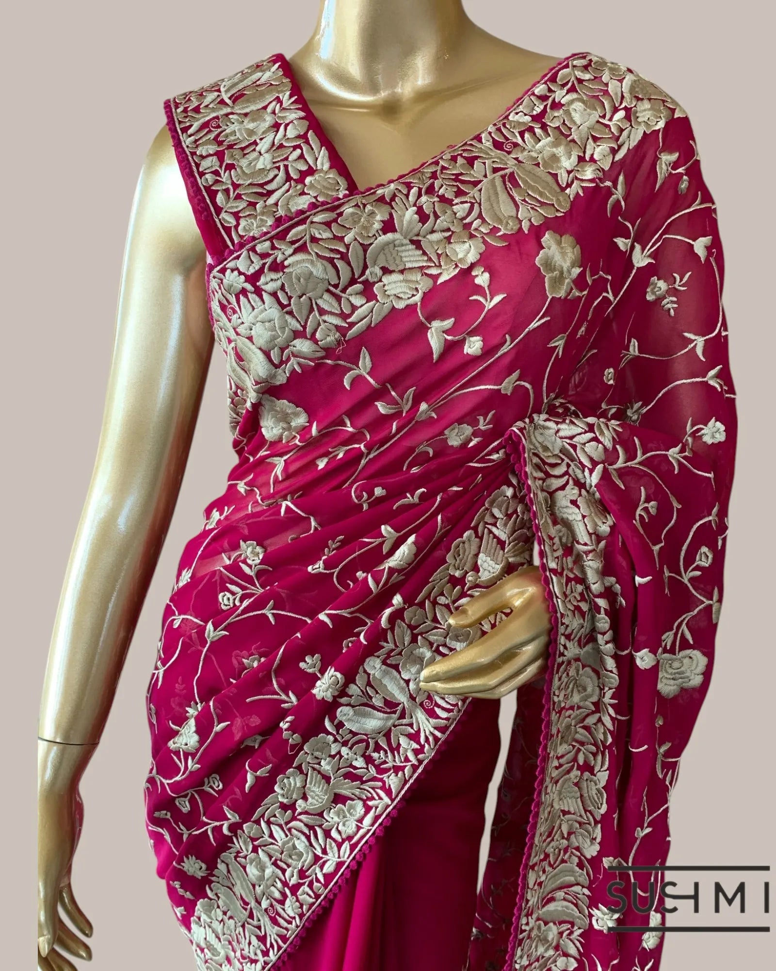 Ruby Red Pure Gorgette saree with parsi gara machine embroidery work allover   O