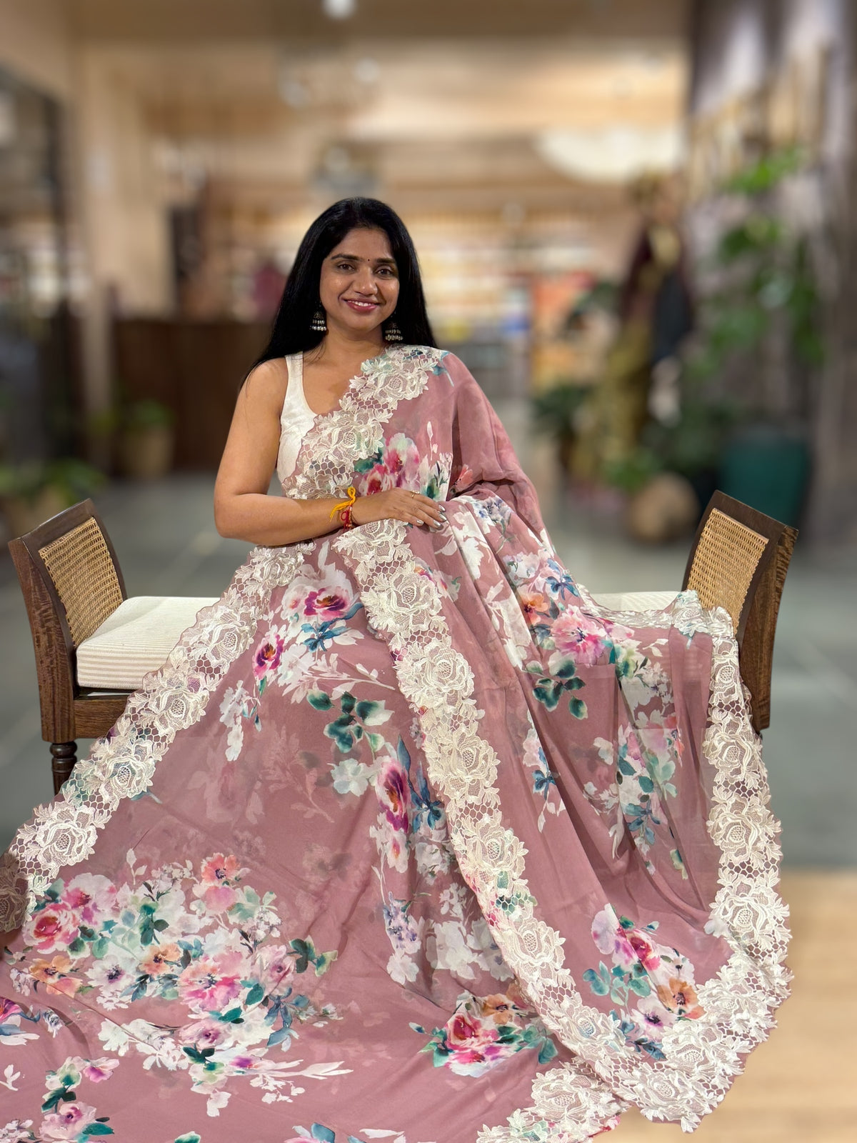 Onion Pink Gorgette  Saree With Chatilly Lace Style Cutwork embroidered Border