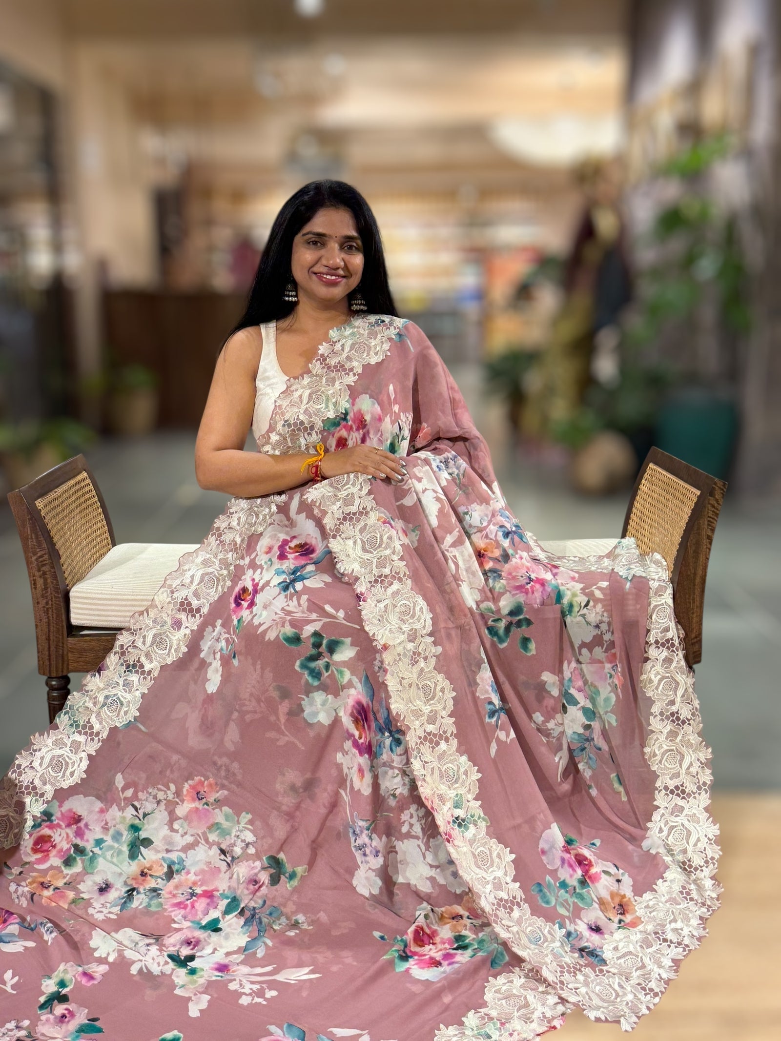 Onion Pink Gorgette  Saree With Chatilly Lace Style Cutwork embroidered Border