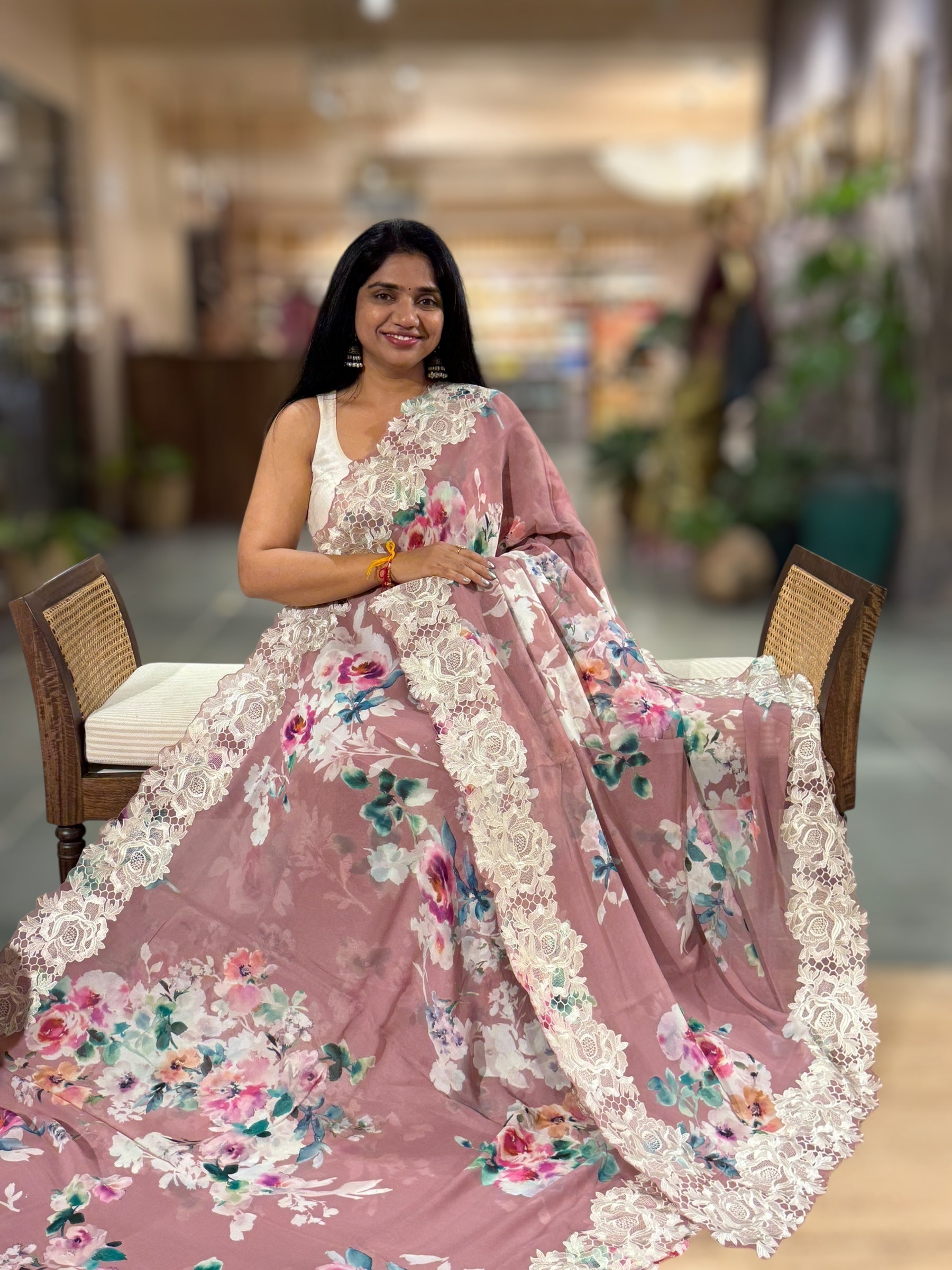 Onion Pink Gorgette  Saree With Chatilly Lace Style Cutwork embroidered Border