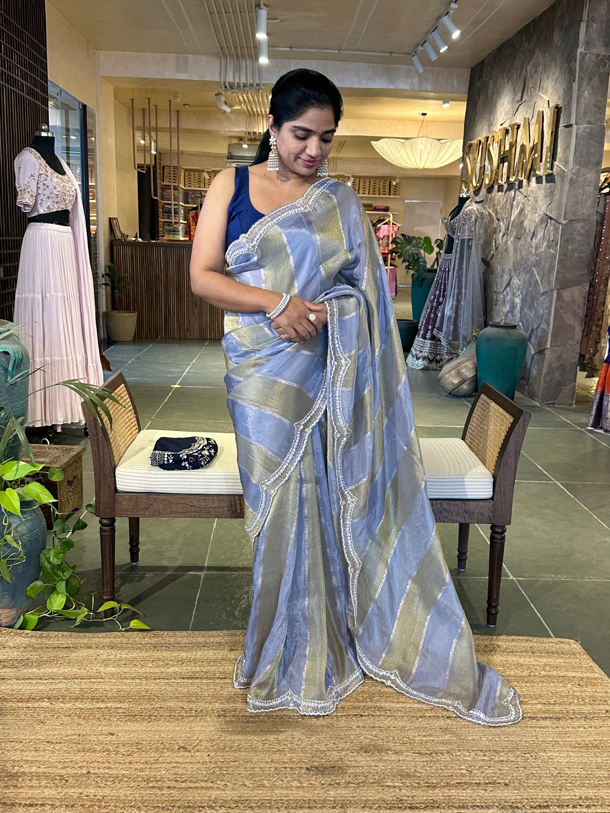 Slate Blue Tissue and kora brasso Saree with Scalloped handwork borders & blouse