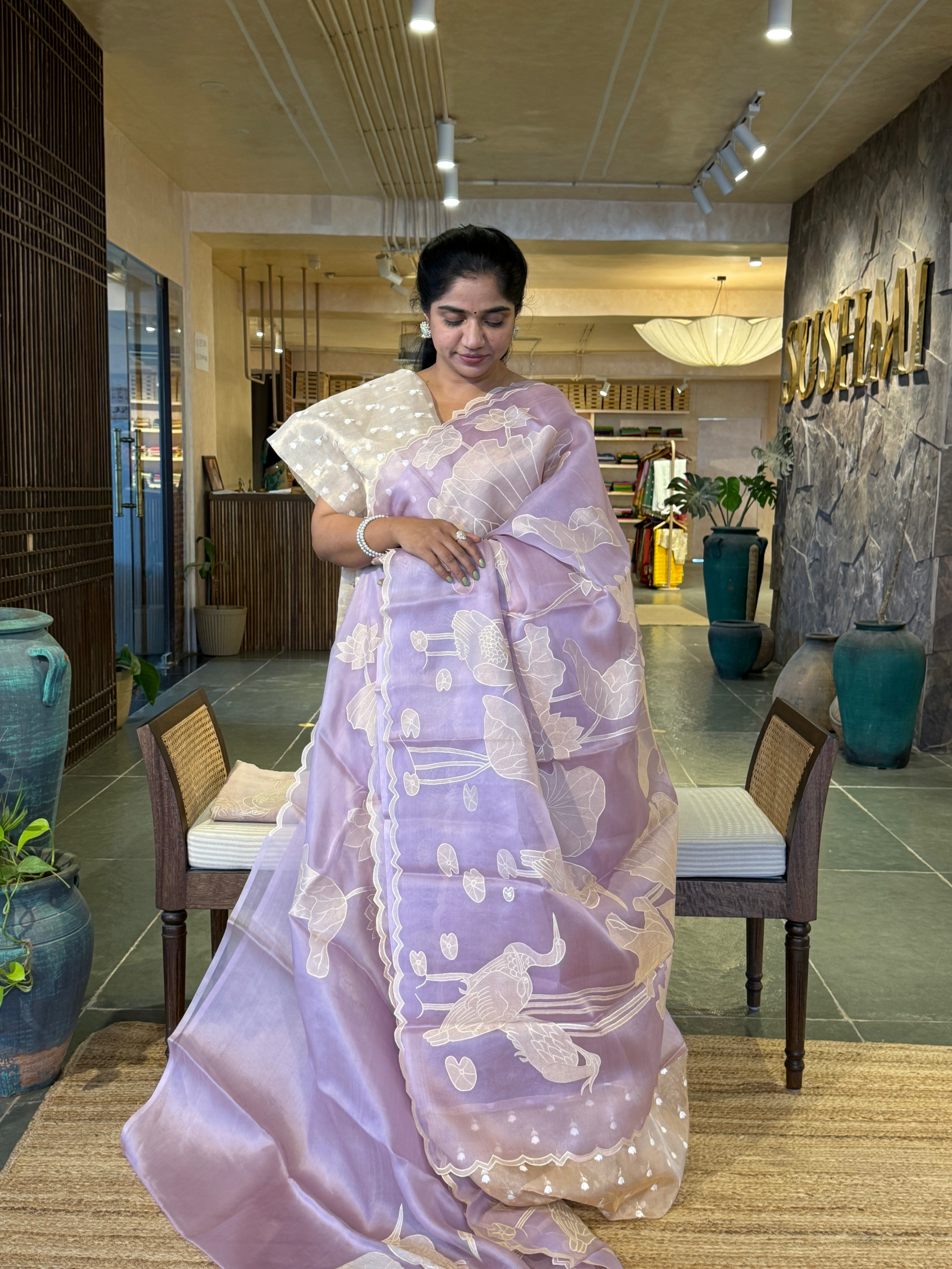 Lilac Pure Organza Designer Saree with Allover Tissue Applique Embroidery