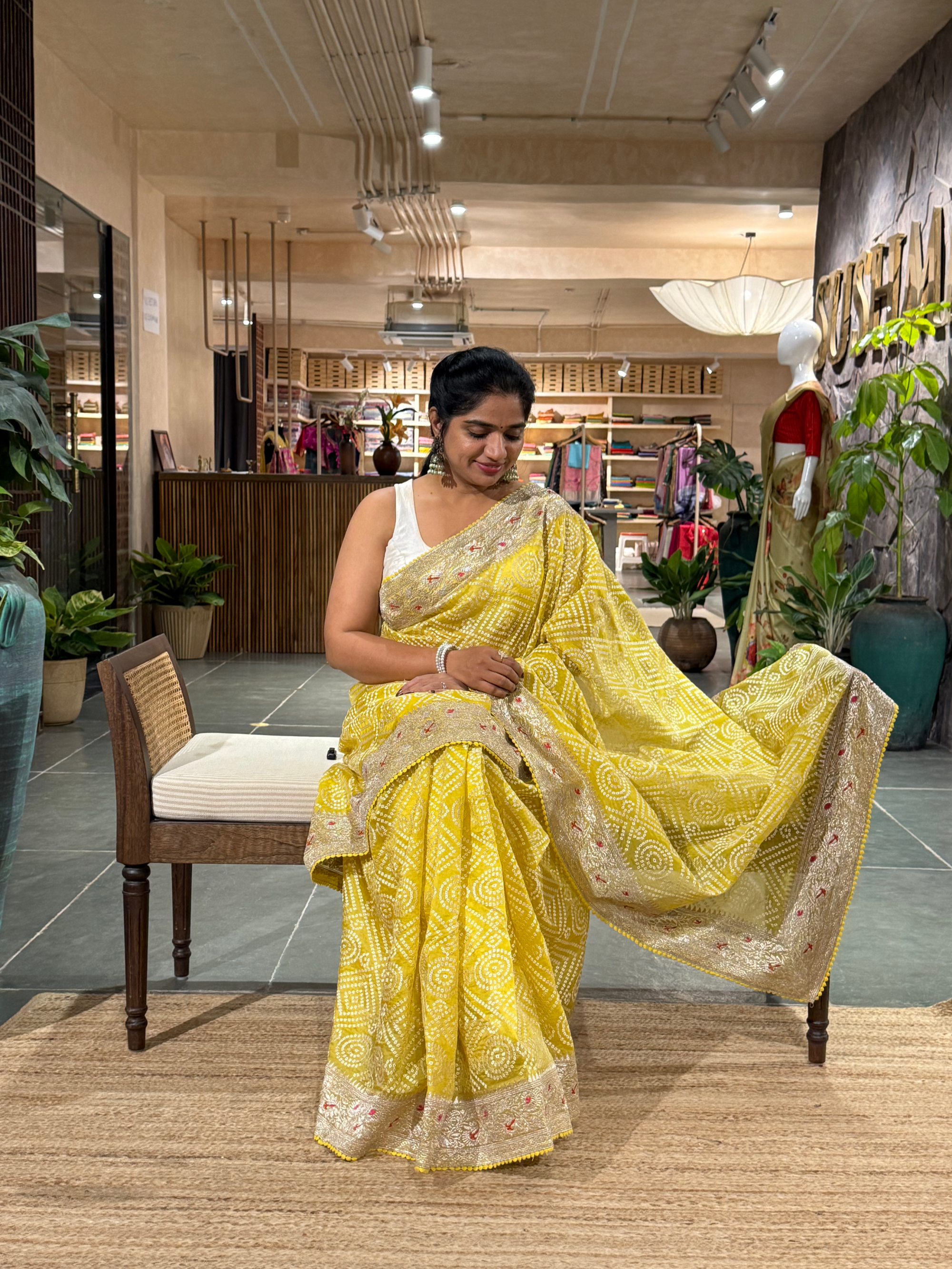 SOBBM171: Lemon Yellow Organza Banarasi with Bandhini Look Allover Embroidery