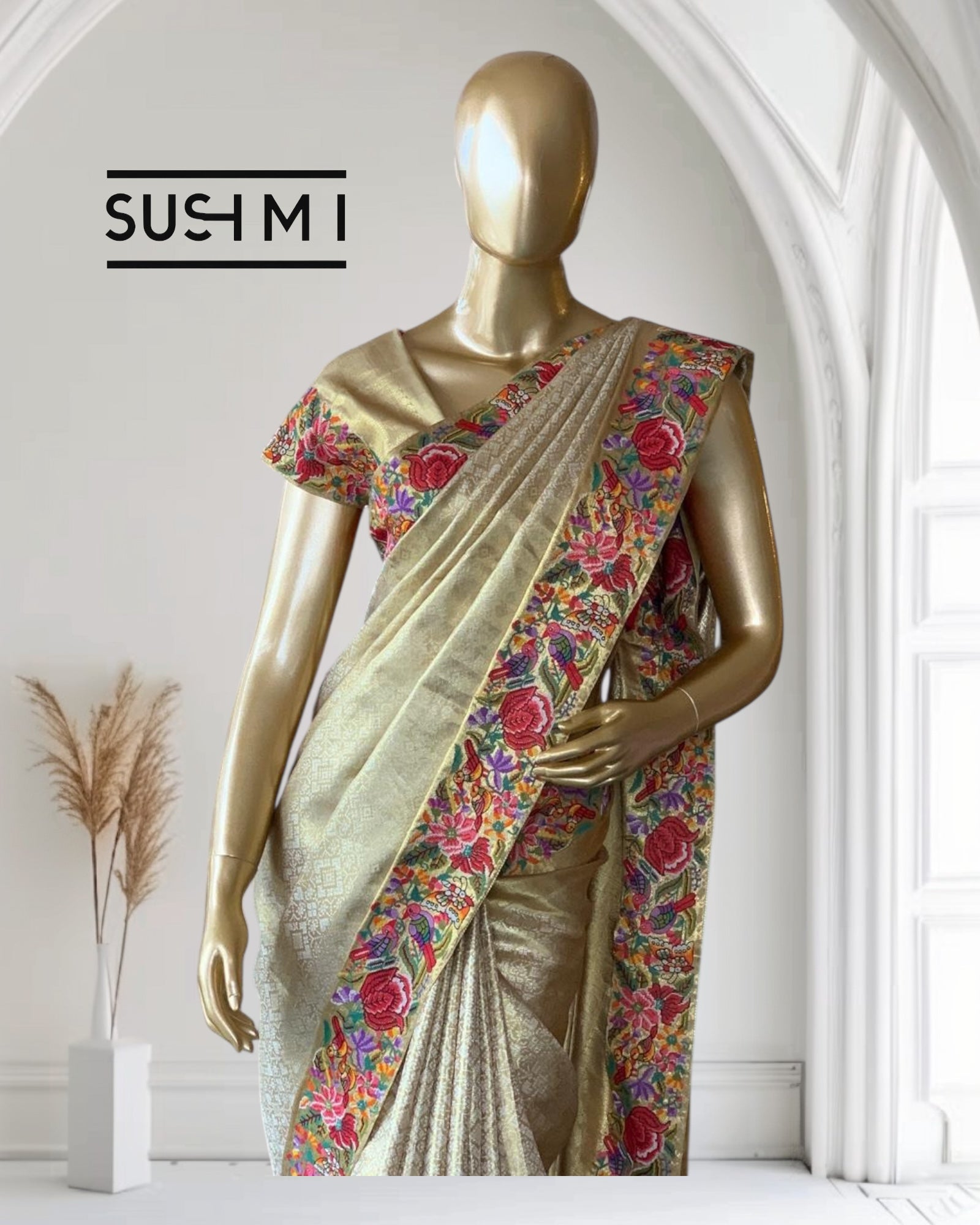 Pure Kanchi Tissue Brocade Saree with Petite Point Embroidery