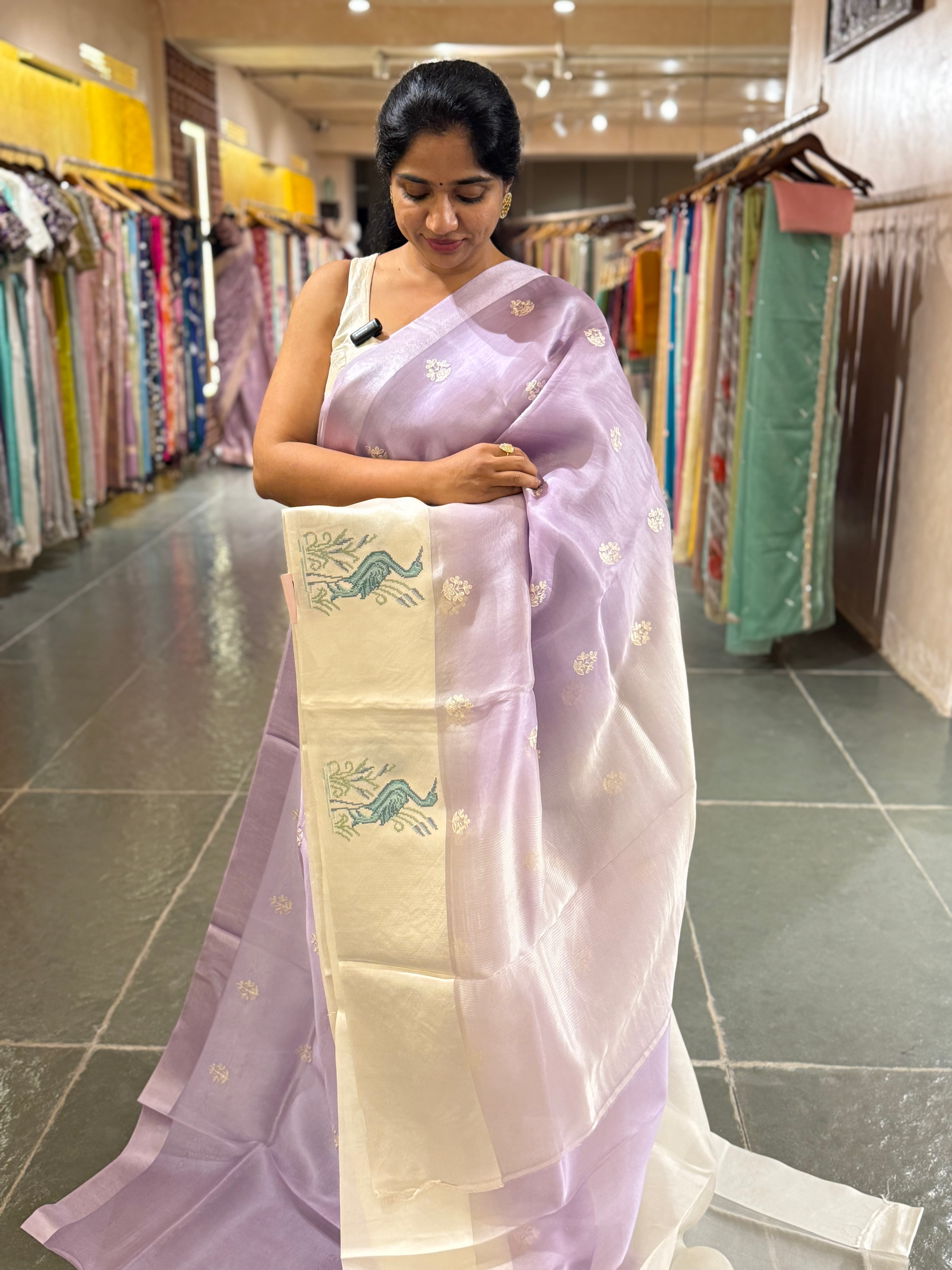 LilacPure Organza Silk Saree with Petite Point Embriodered Swans Mashru Borders