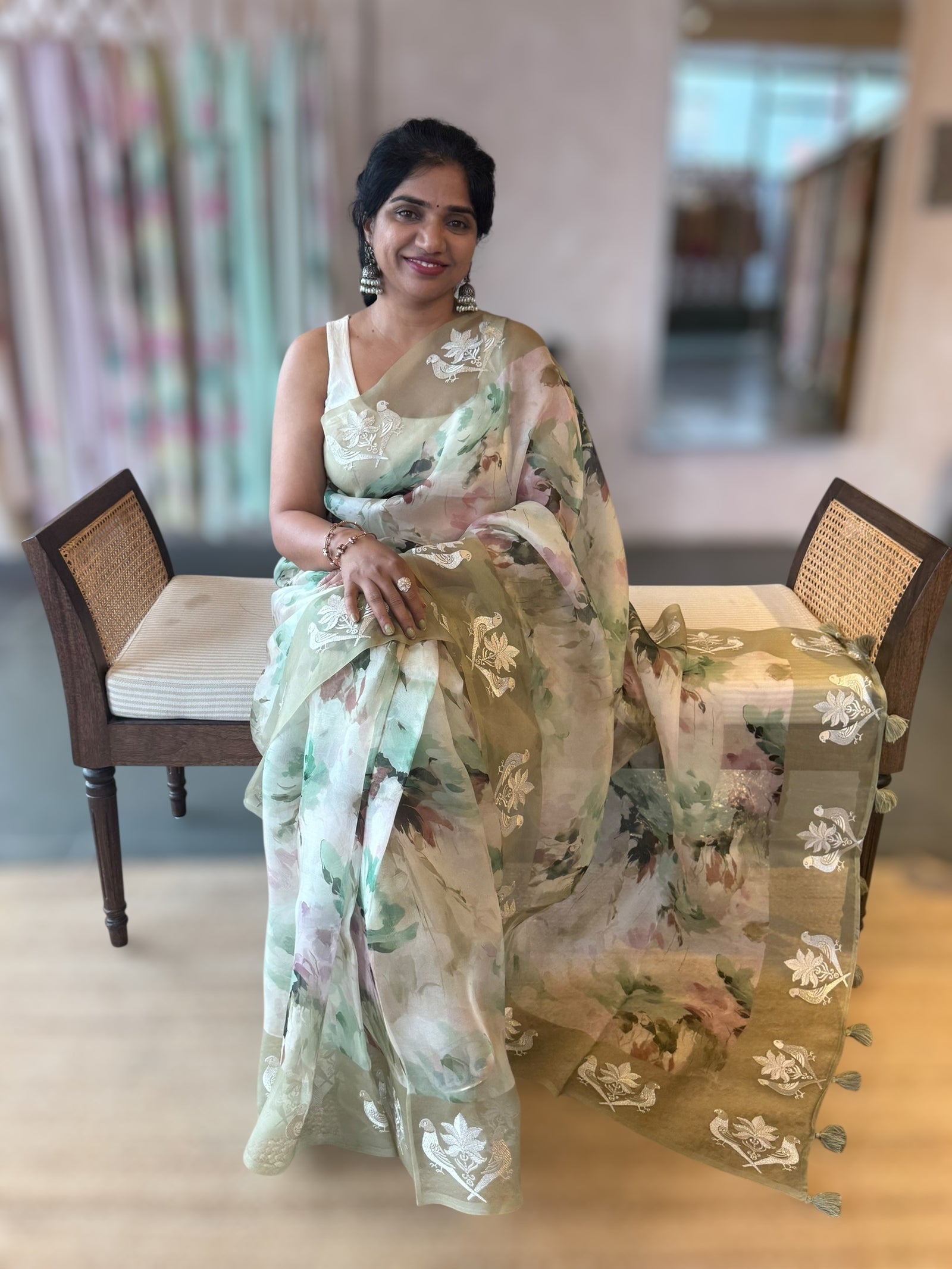 Olive Floral Printed Pure Organza Saree With Birds  Embroidered Motif  Border