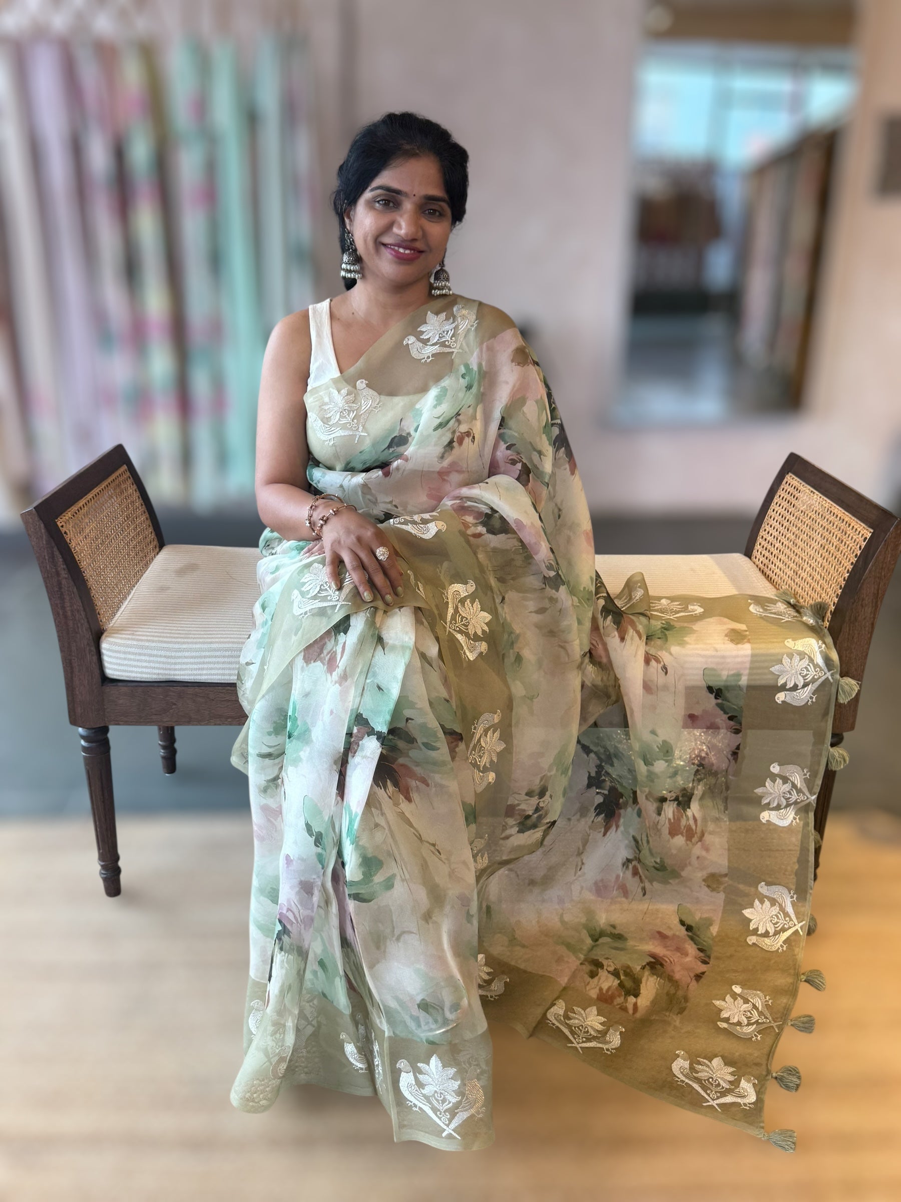 Olive Floral Printed Pure Organza Saree With Birds  Embroidered Motif  Border