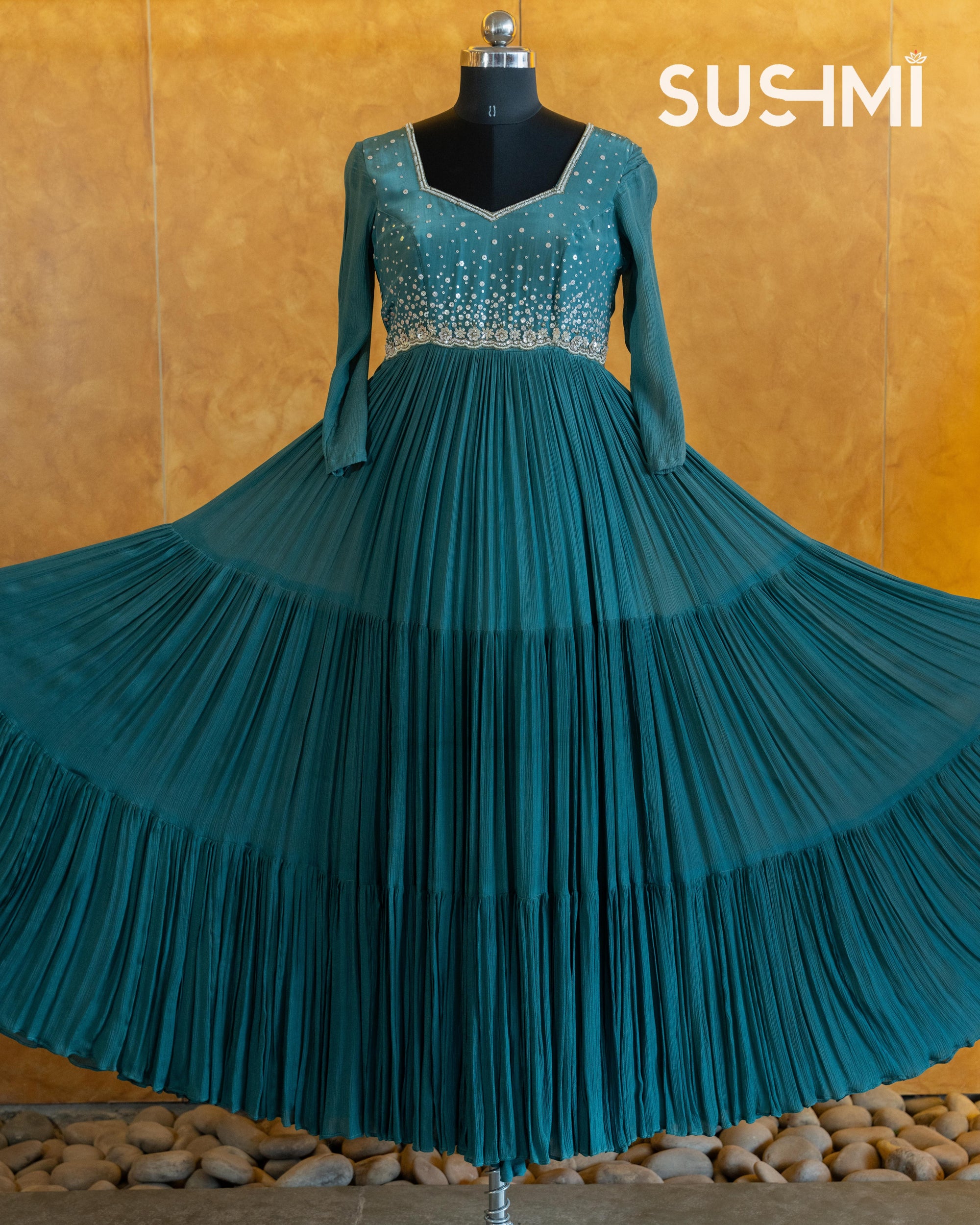 Pure chiffon 3-tiered long frock