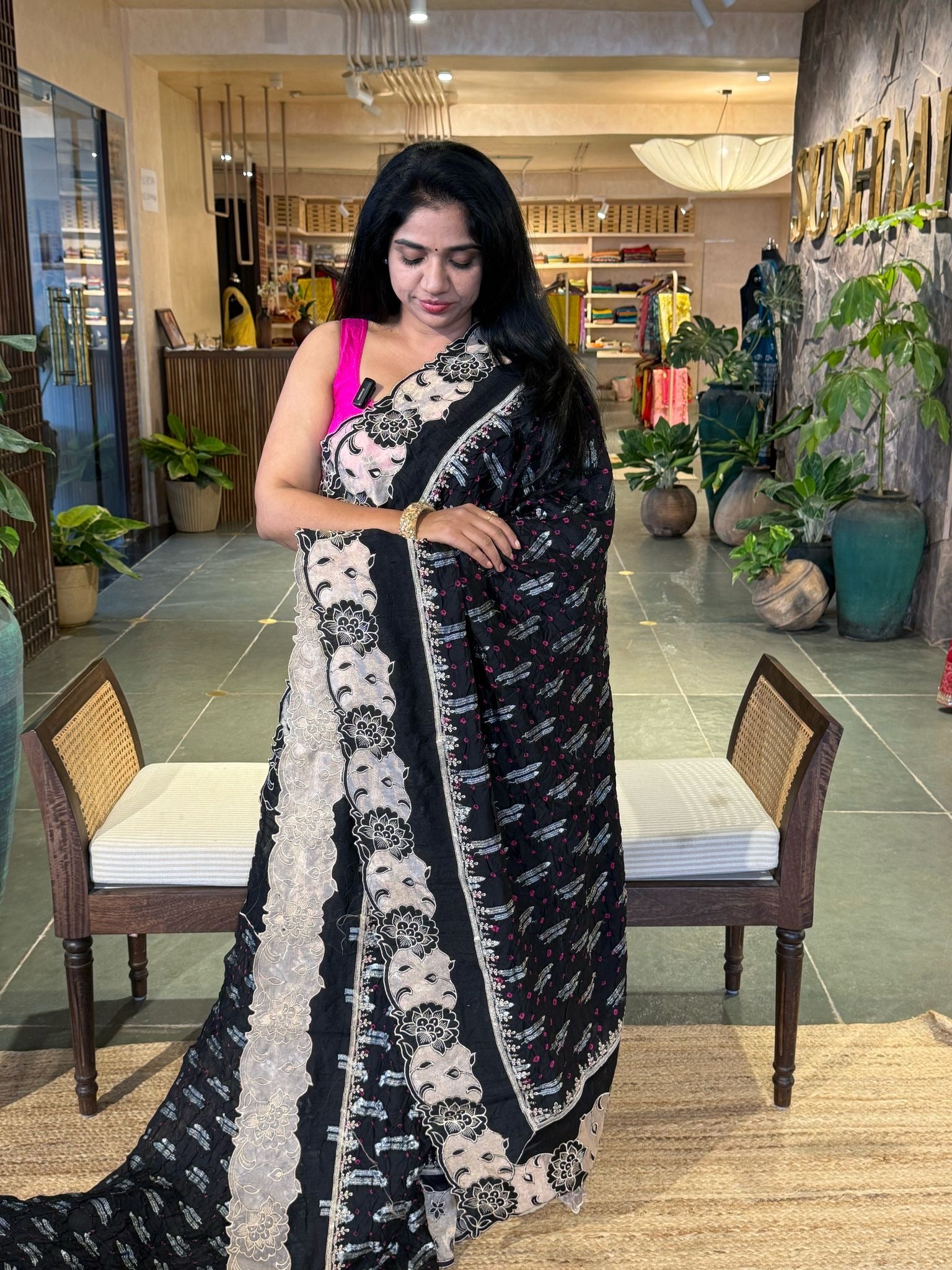 Banarasi Handloom Chiniya Silk Bandhini with Tissue Applique