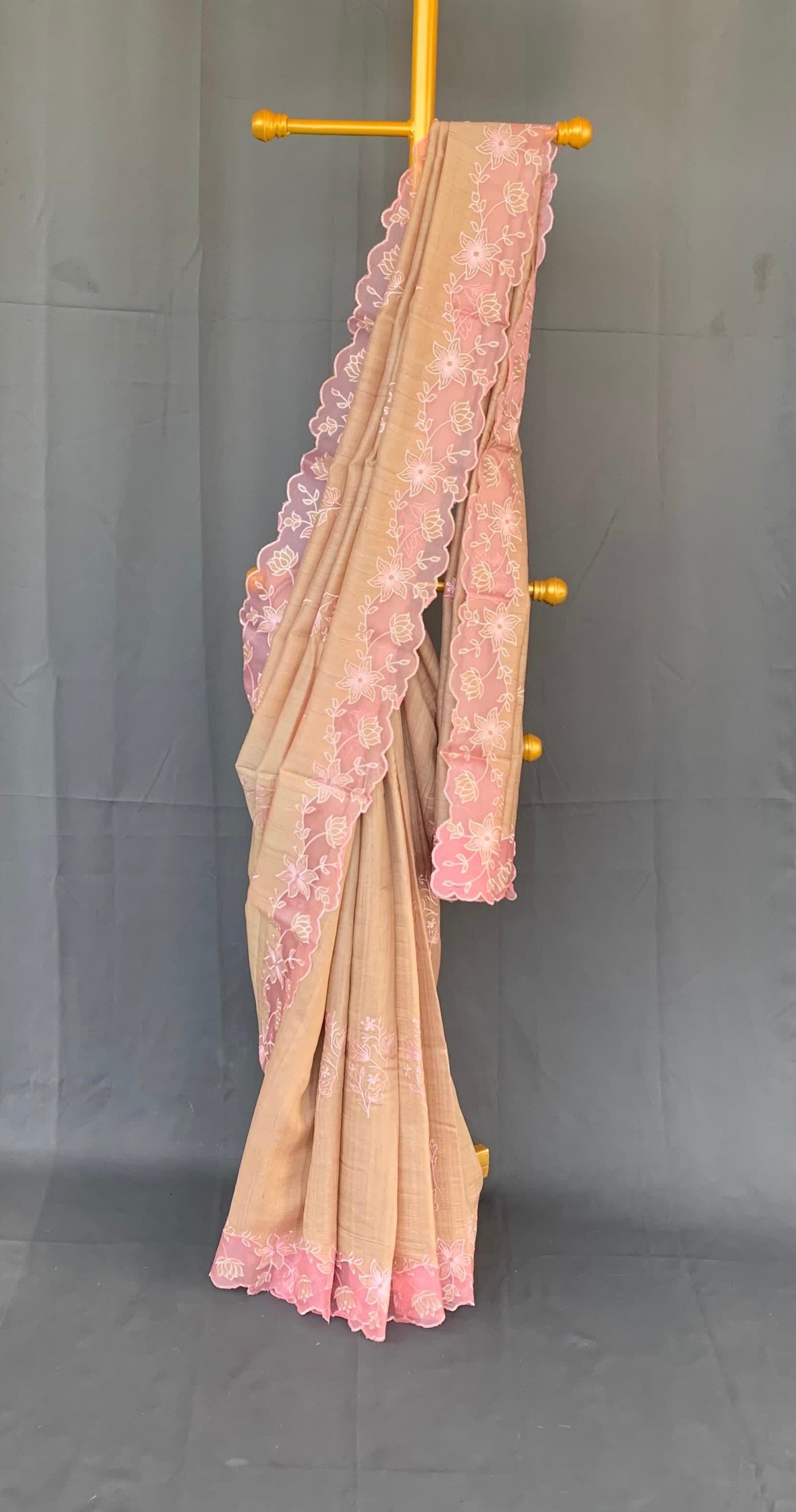 Pure handloom Tussar Designer Saree with Organza Applique Cutwork Border