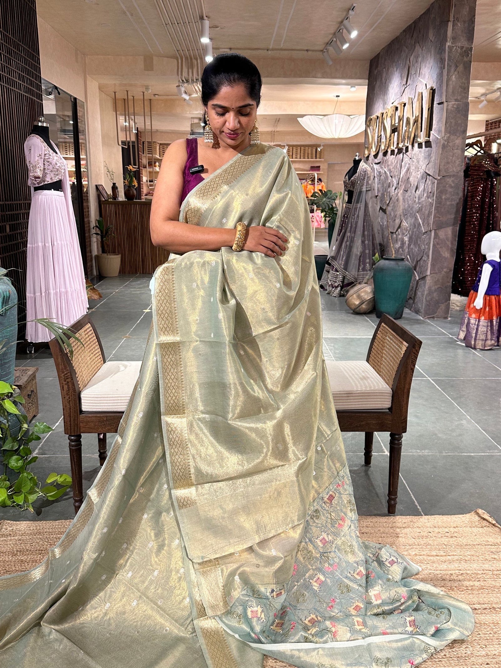 Light mint Green Cotton Tissue Saree with allover  Embroidery Blouse