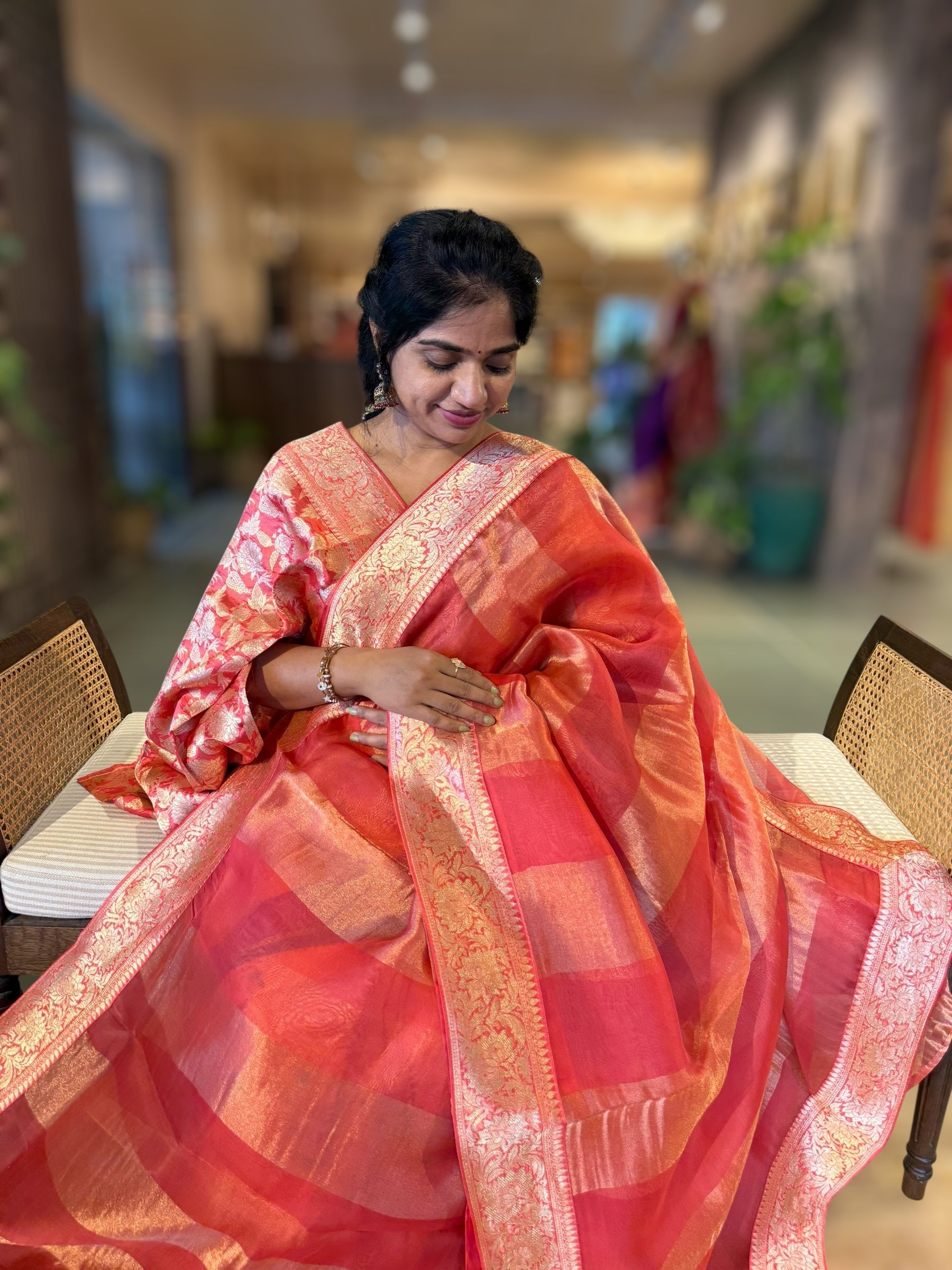 Koral Pink Banarasi Kora Tissue Stripes Saree With Banarasi Borders & Blouse