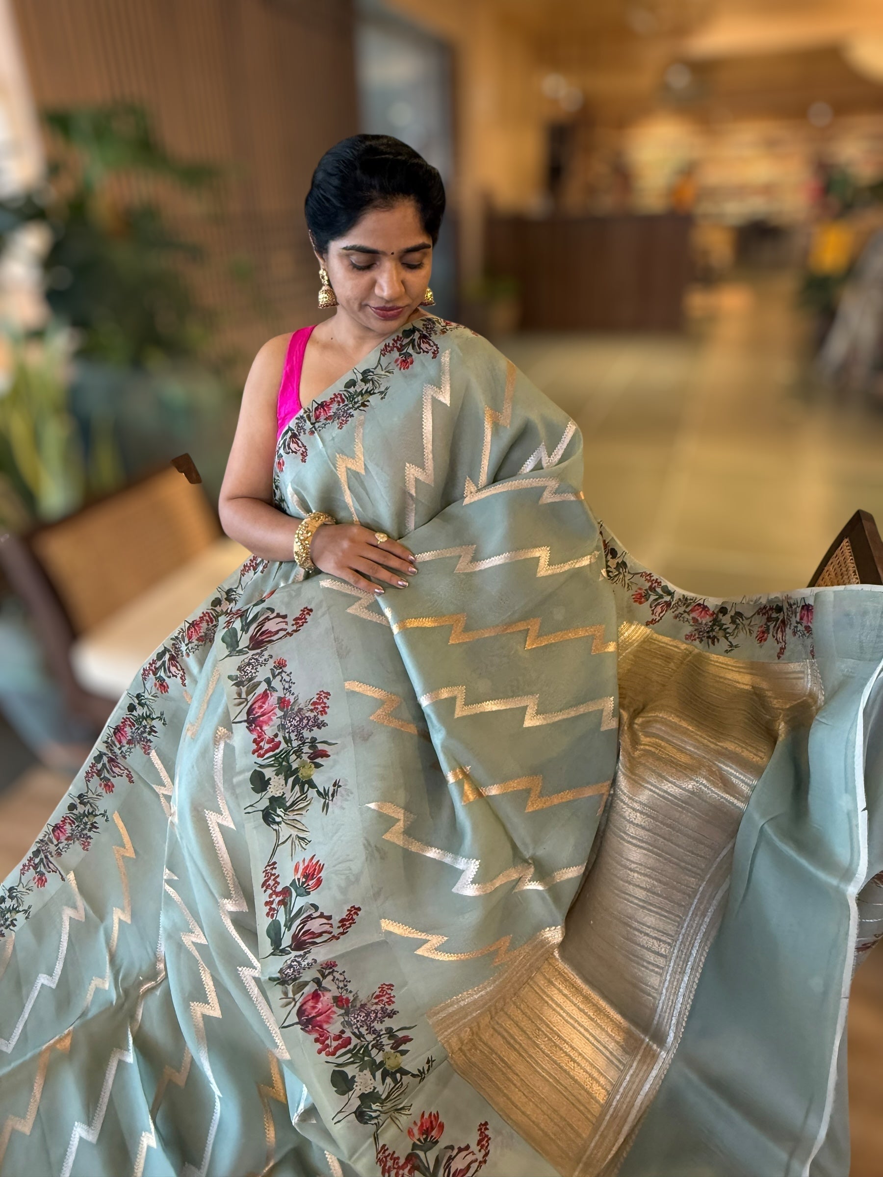 Greyish Blue Designer Premium Handloom Kora Banarasi with Printed Borders
