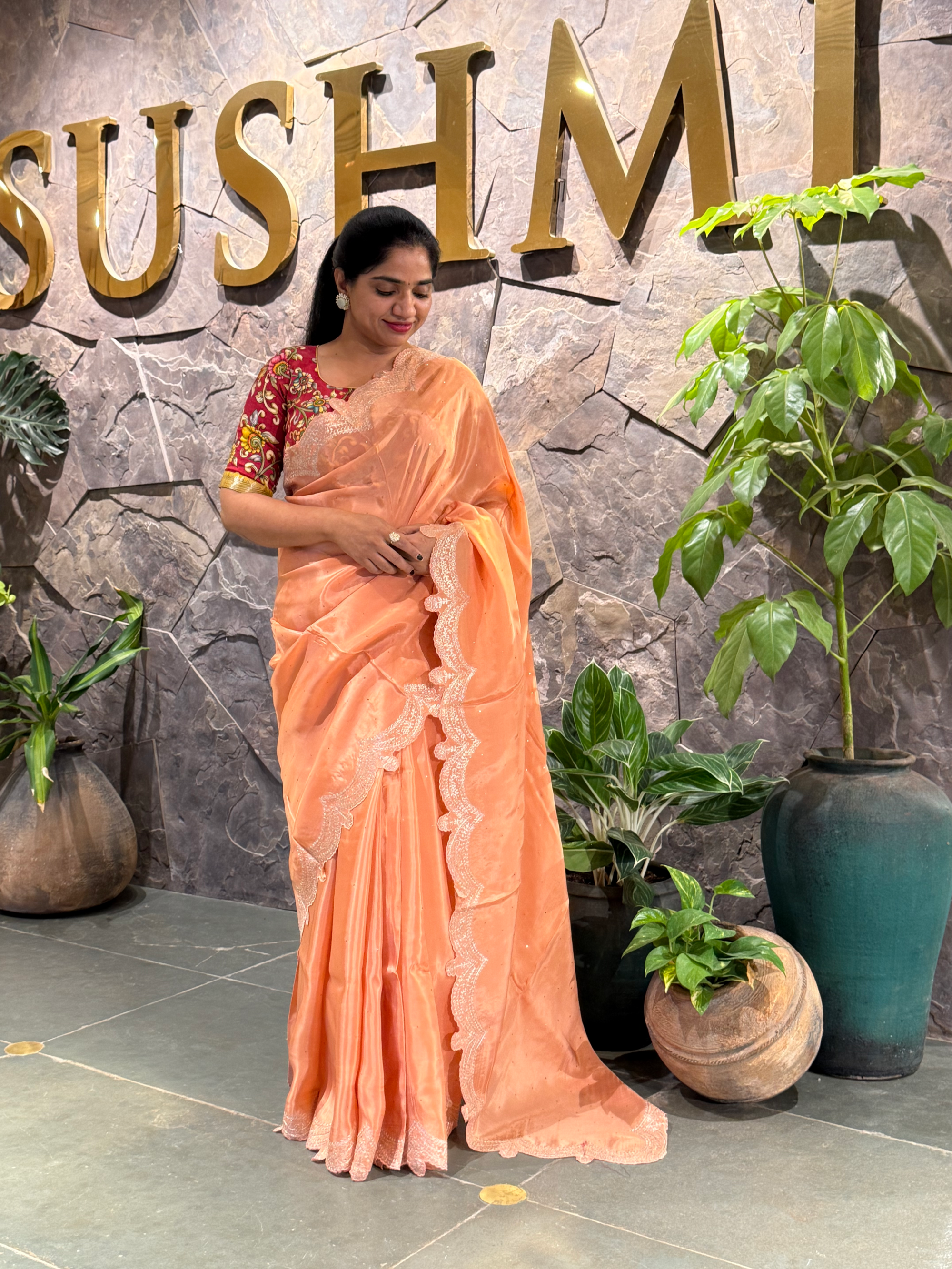 Peach Crepe Silk Saree With Pita Work Scallop Border & Pure Silk Printed Blouse