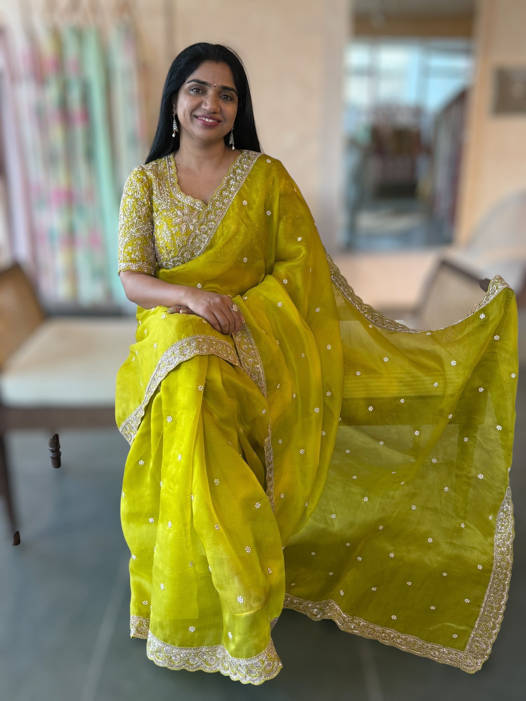 Neon Green Organza Handwork Saree