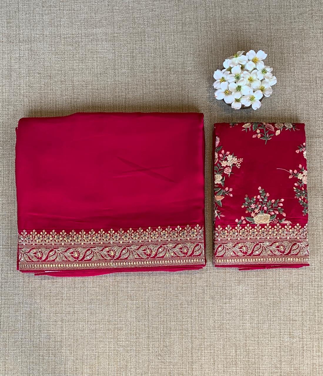 Dark Pink Pure Satin Silk Saree With Sabhya Borders & Allover Emb Blouse