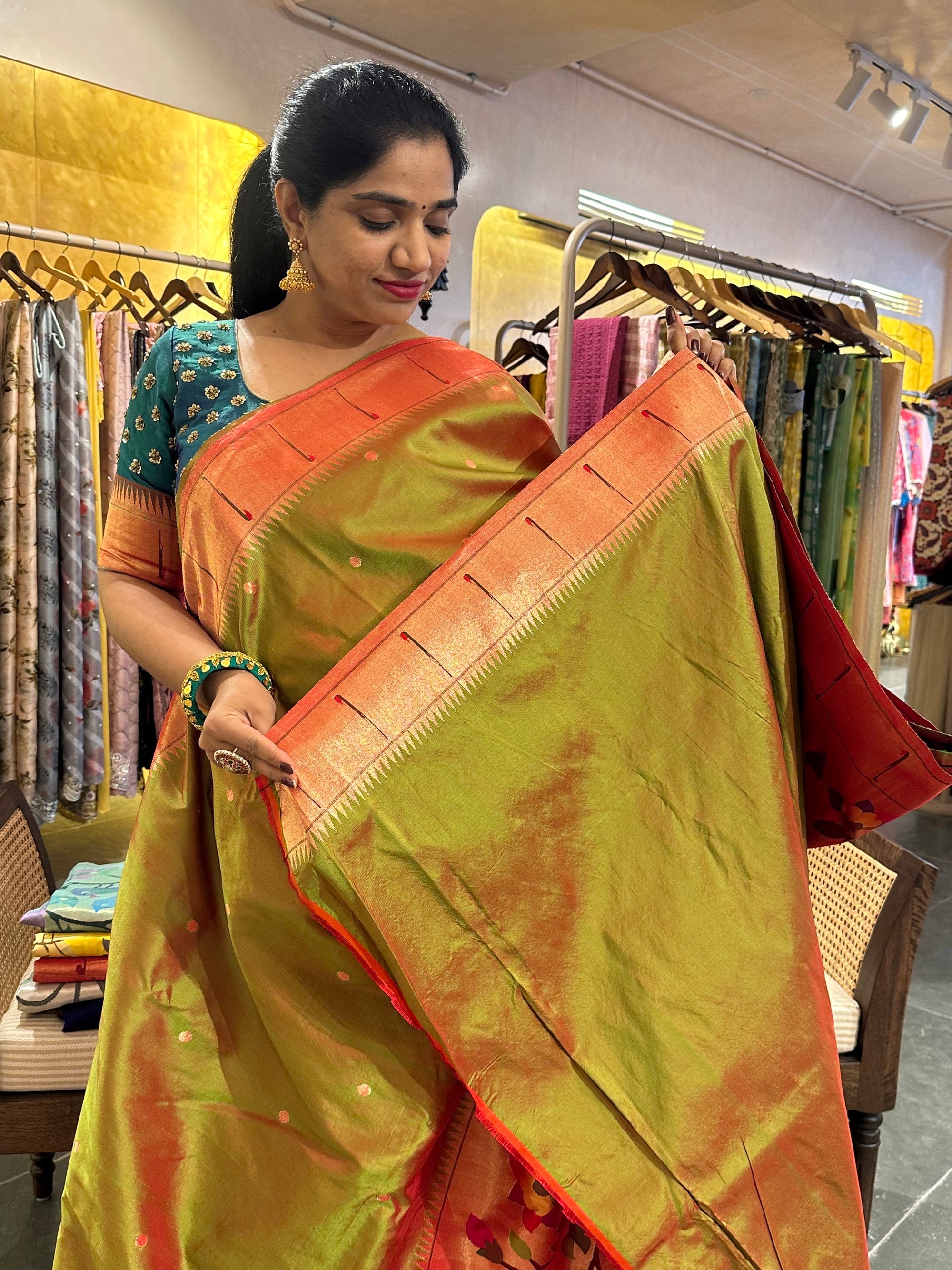 Mehendi Green Half Allover Pure Handloom yeola Paithani Saree