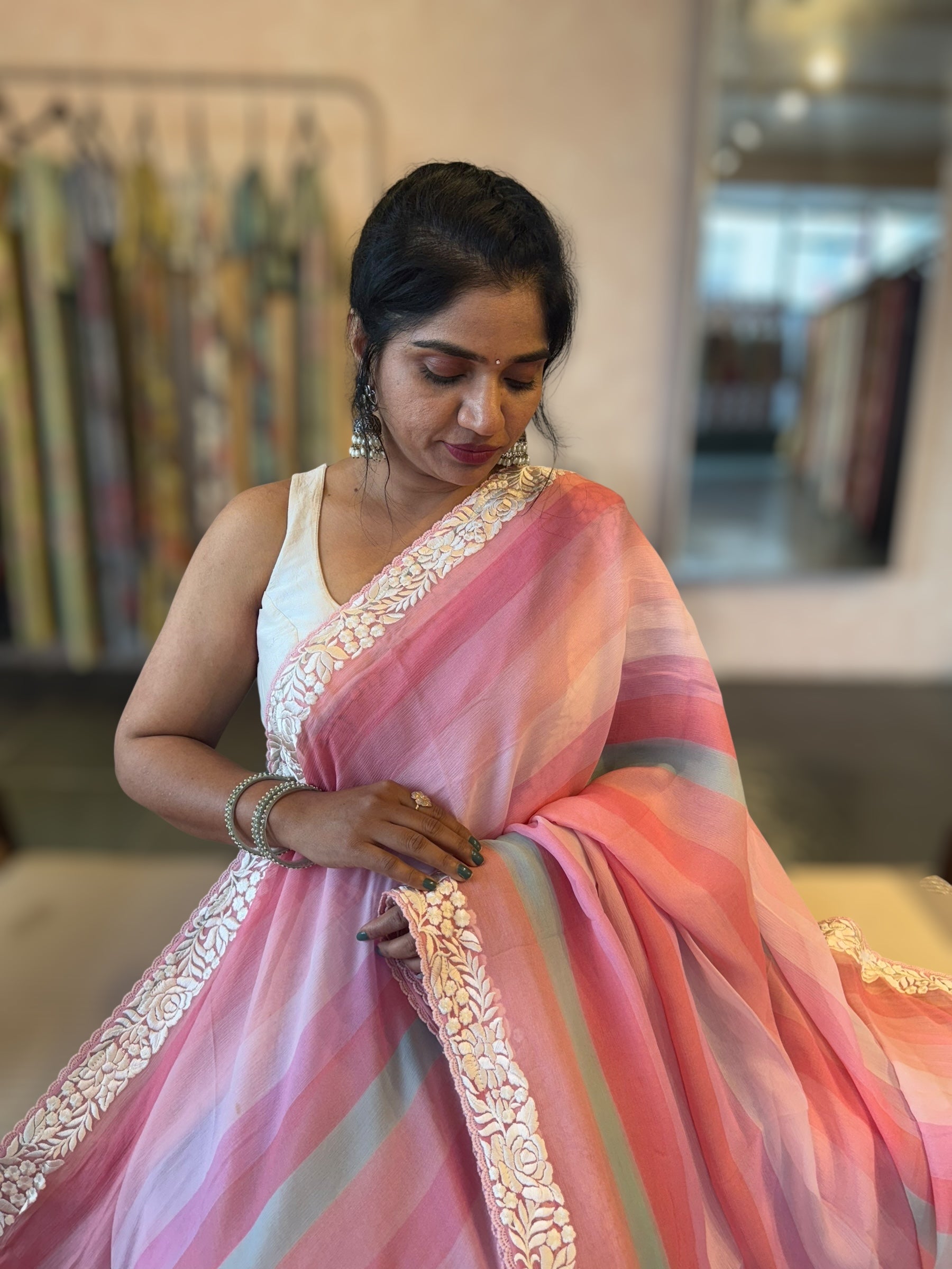 Pure Chiffon Saree with Ombre Brush dyeing & Parsi Gara Embroidered Border
