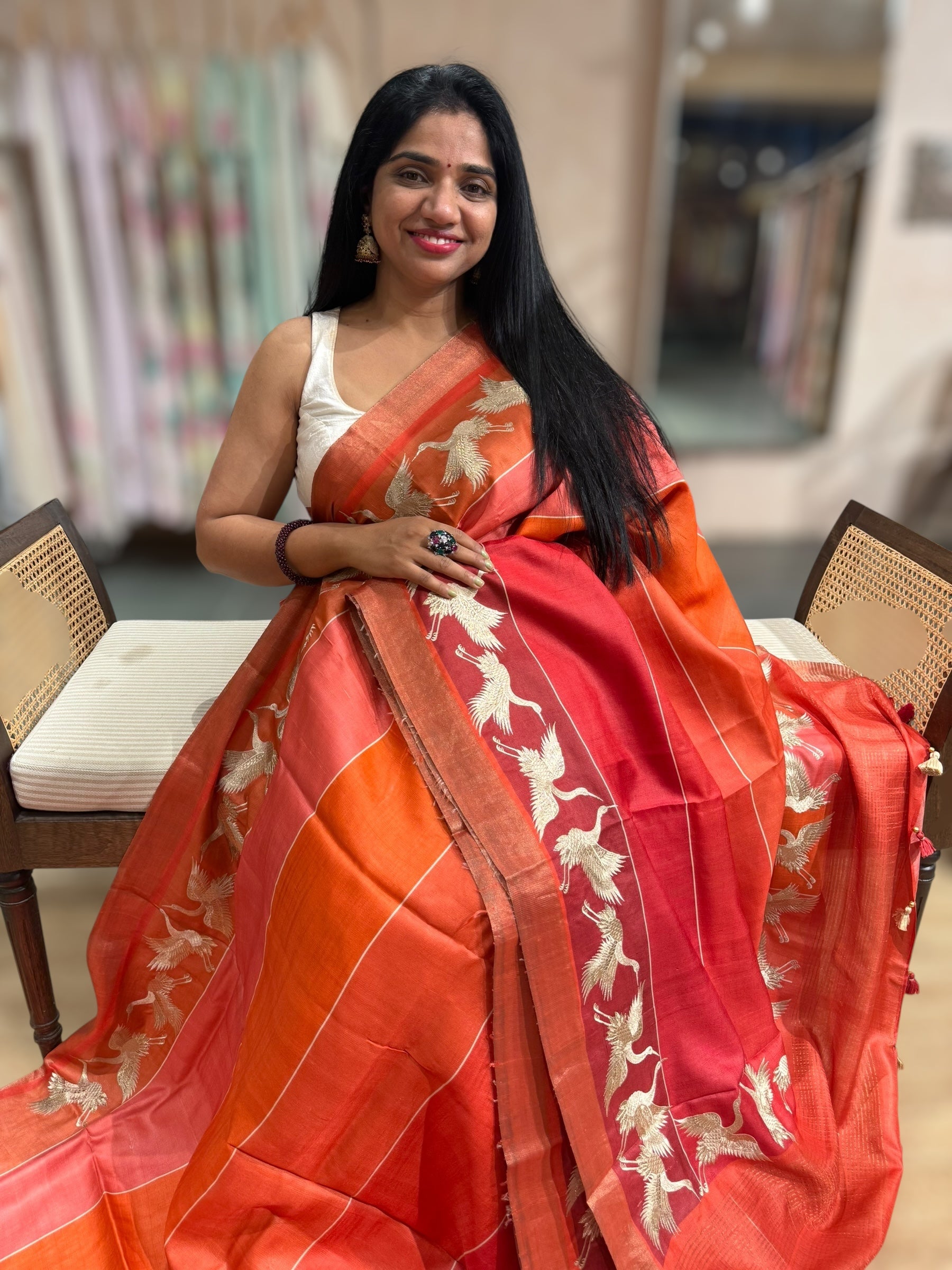 Tussar Rangkaat Saree With Crane Embroidered Border