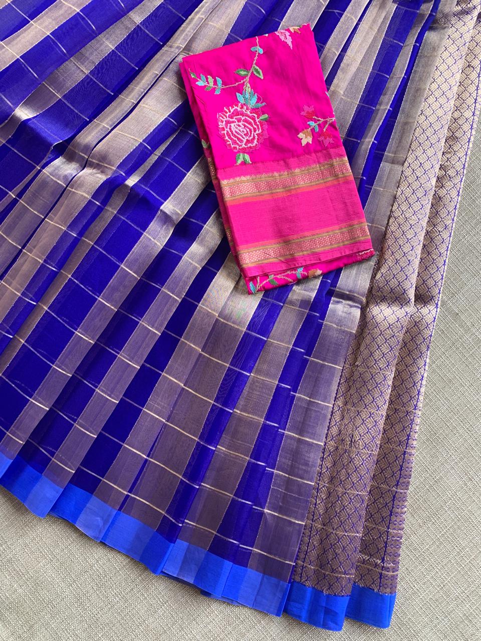 Royal Blue Pure Handloom Banarasi Kora Tissue Checks Saree