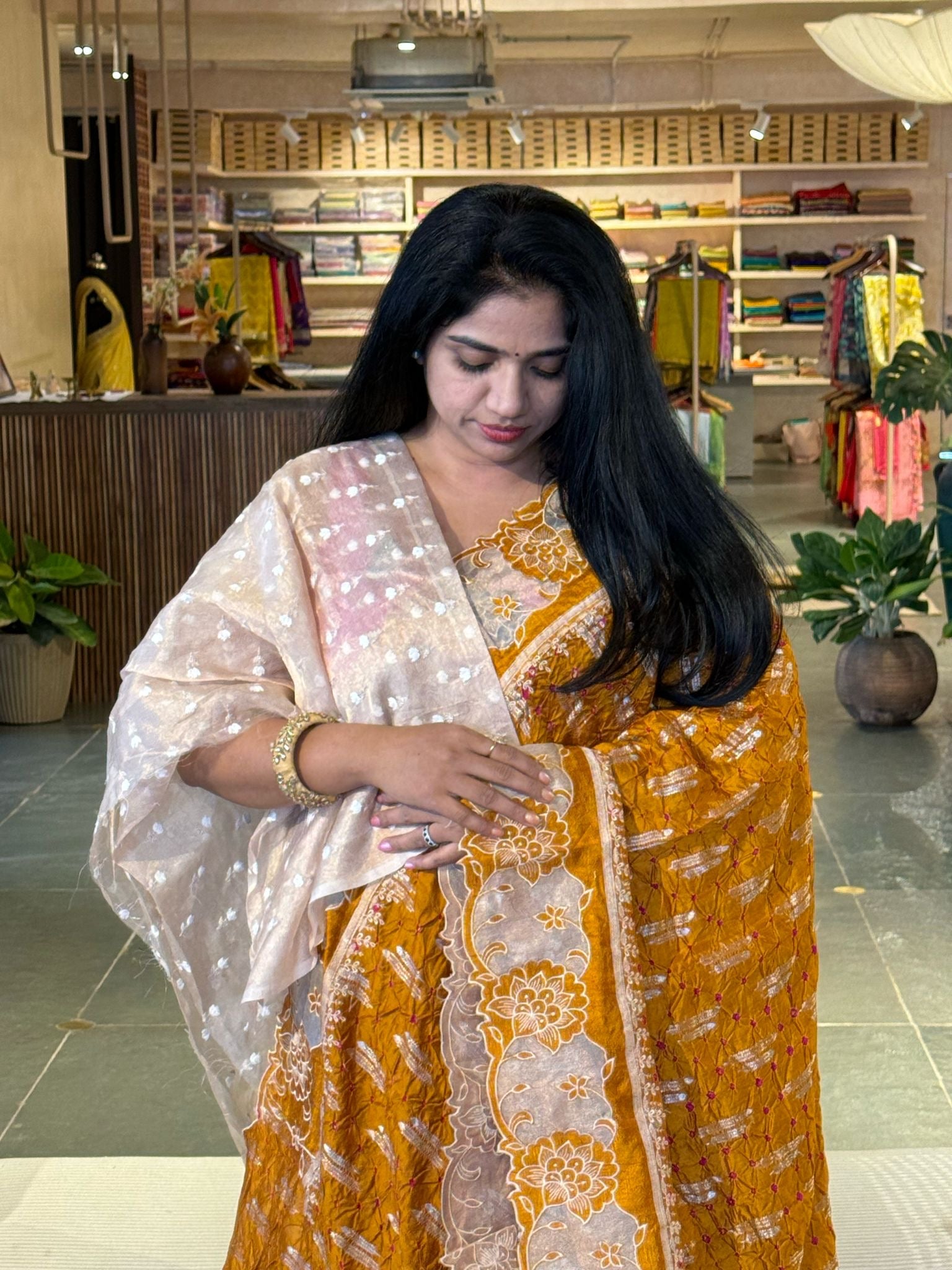 Banarasi Handloom Chiniya Silk Bandhini with Tissue Applique