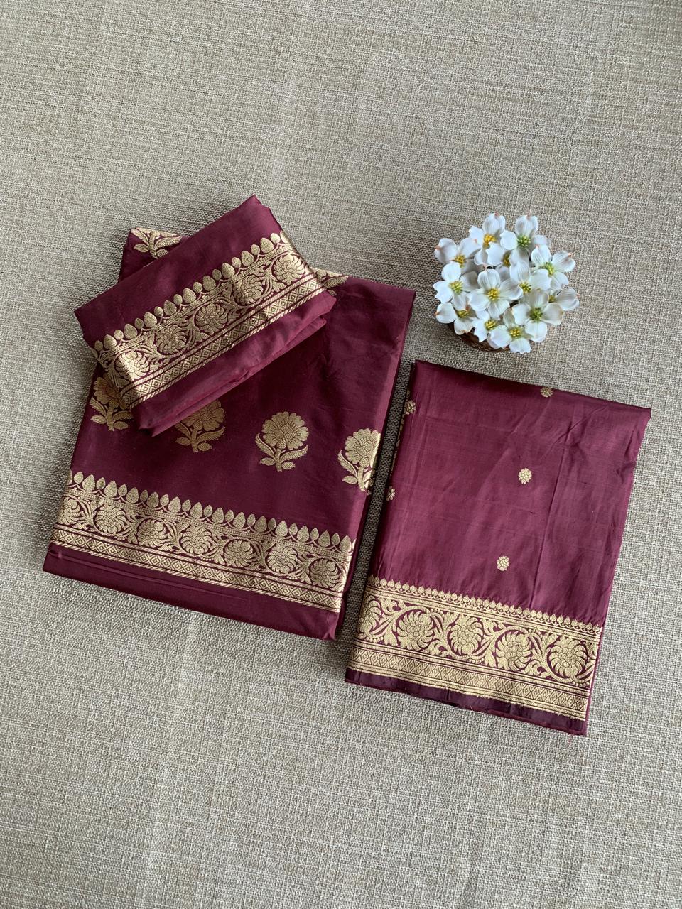 Winish Browm Pure Handloom Katan Silk  3 pc Suit Set with  kaduwa weaving