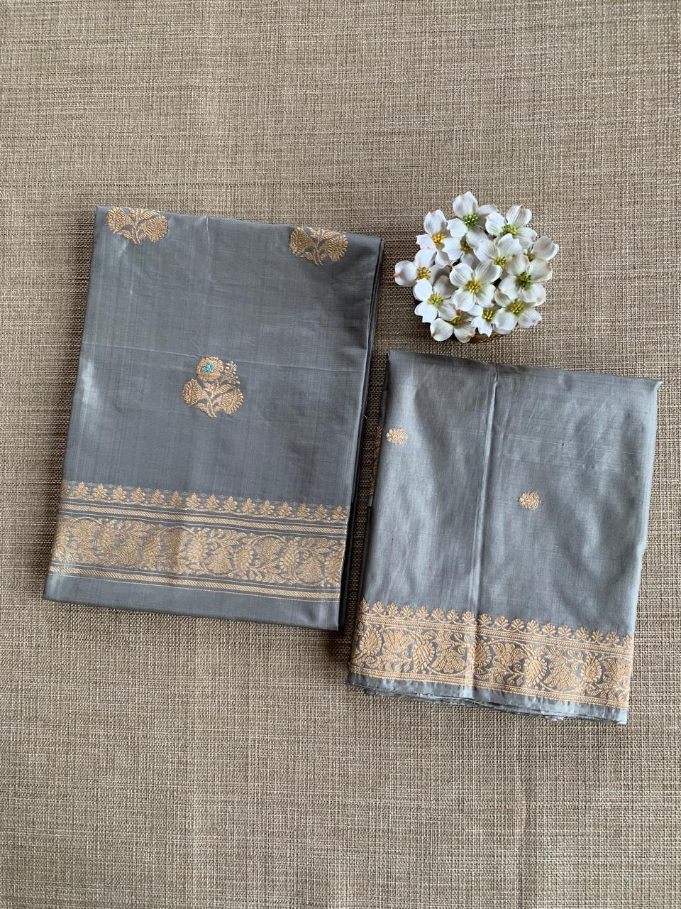 Grey Pure Handloom Katan Silk  3 pc Suit Set with  kaduwa weaving