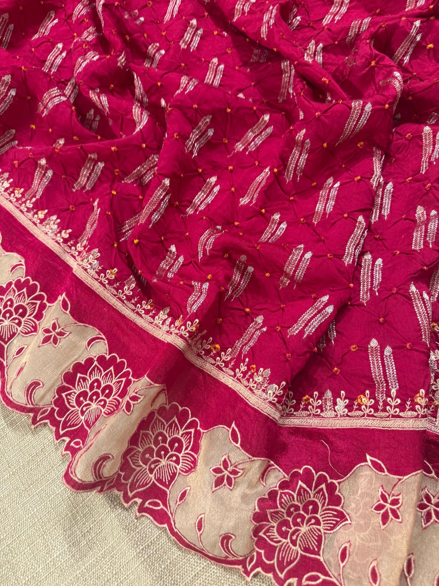 Banarasi Handloom Chiniya Silk Bandhini with Tissue Applique